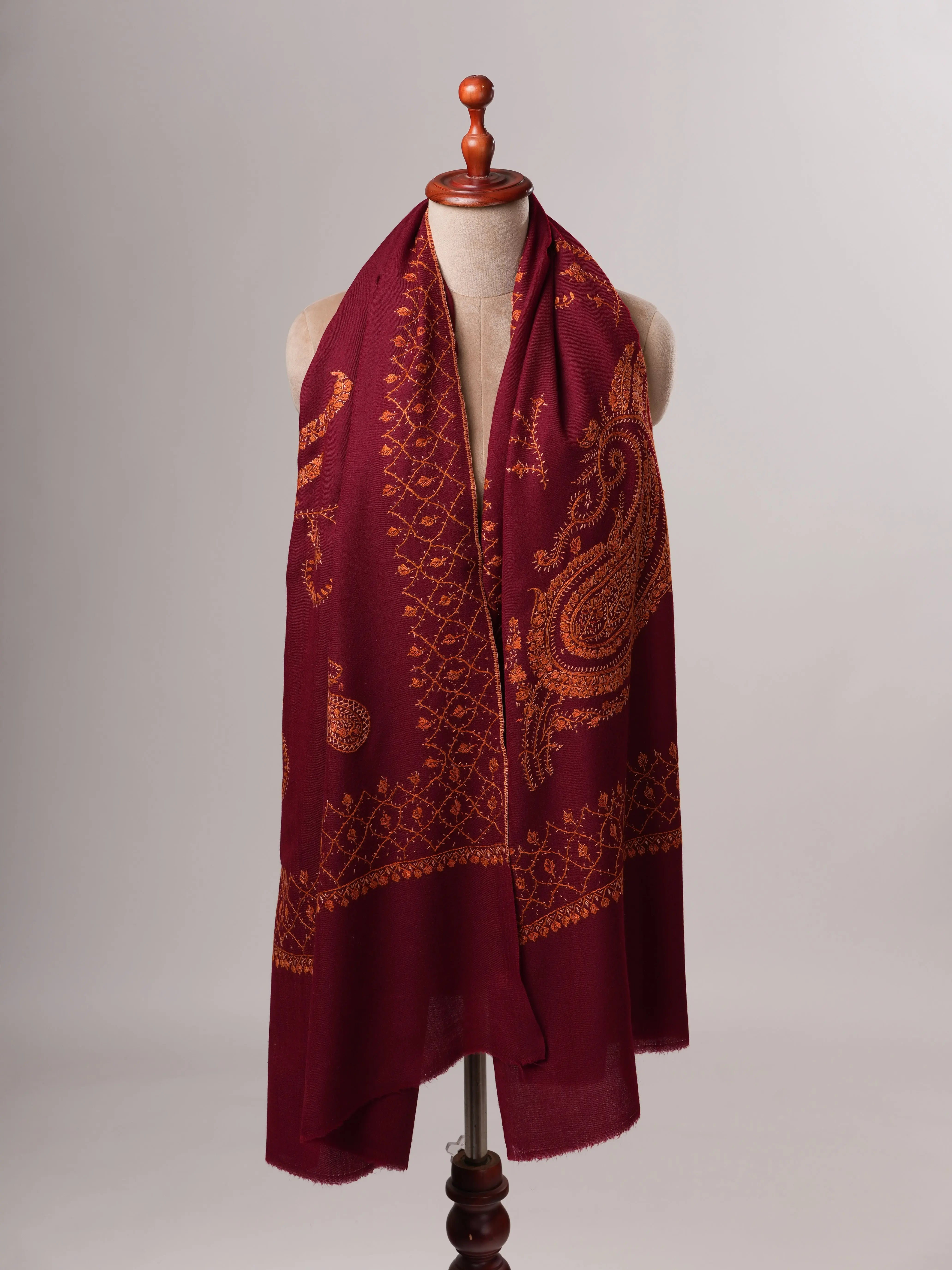 Handcrafted Maroon Fine Wool Shawl with Paisley Embroidery Shahkaar