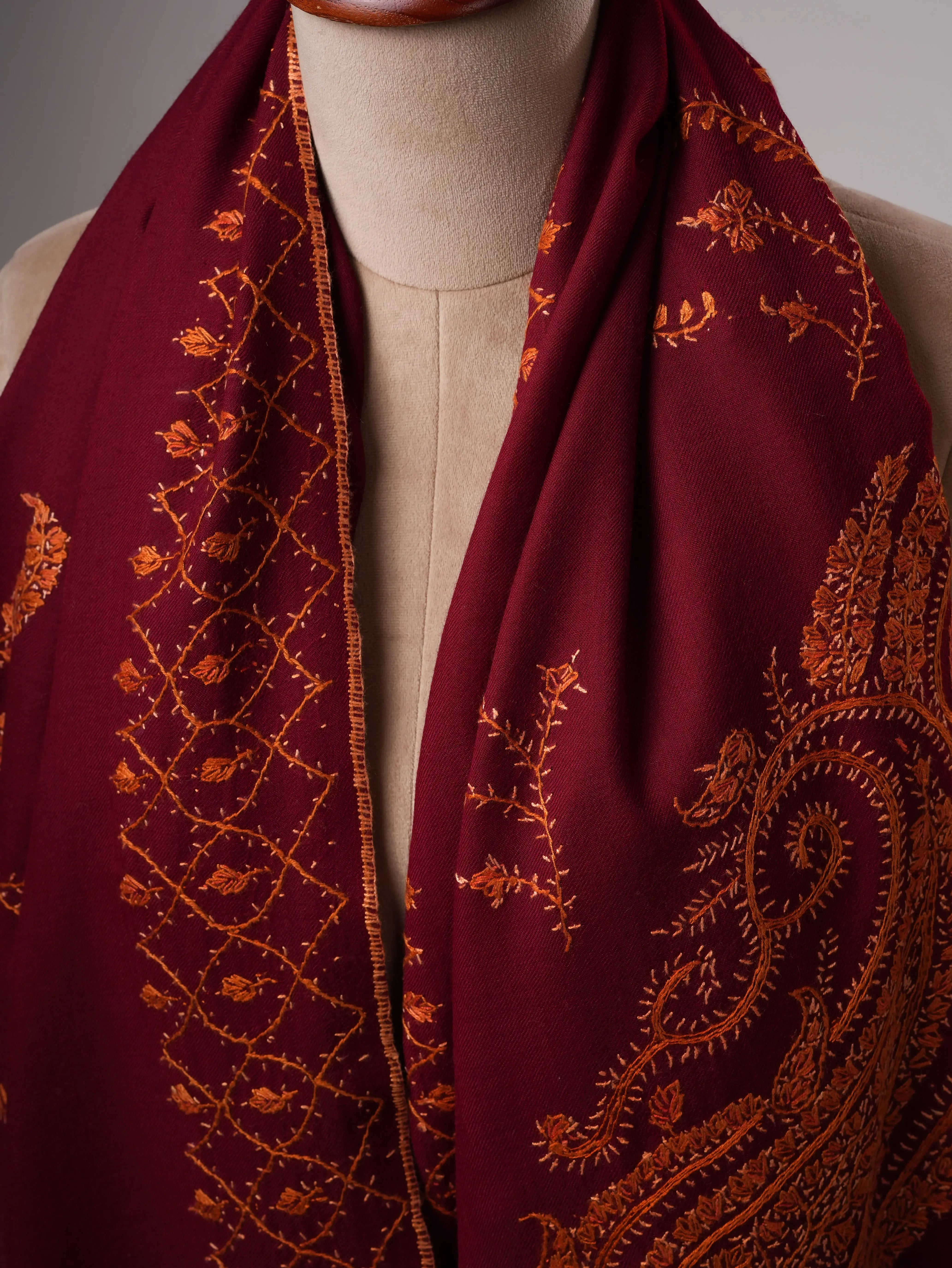 Handcrafted Maroon Fine Wool Shawl with Paisley Embroidery Shahkaar