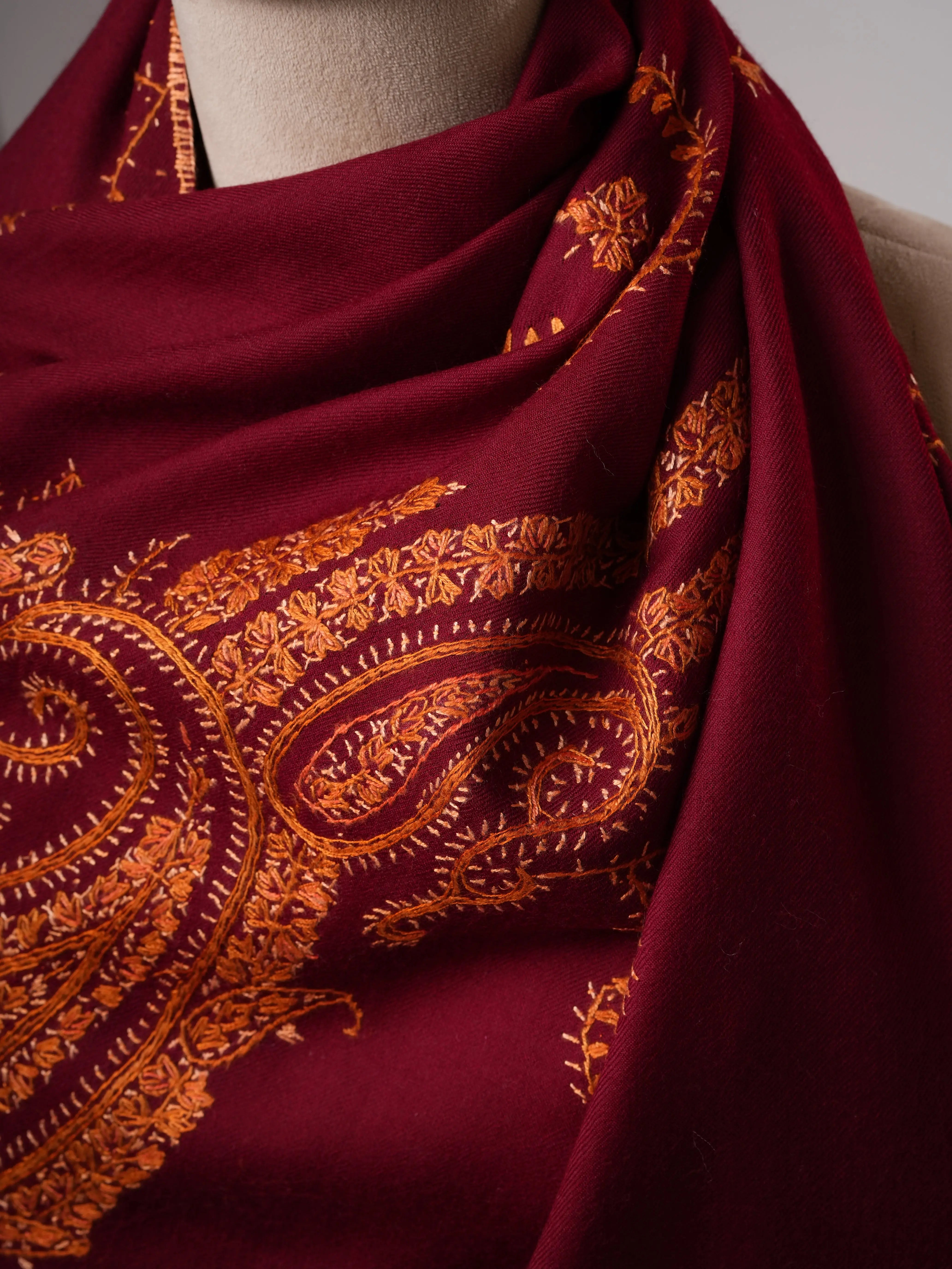 Handcrafted Maroon Fine Wool Shawl with Paisley Embroidery Shahkaar