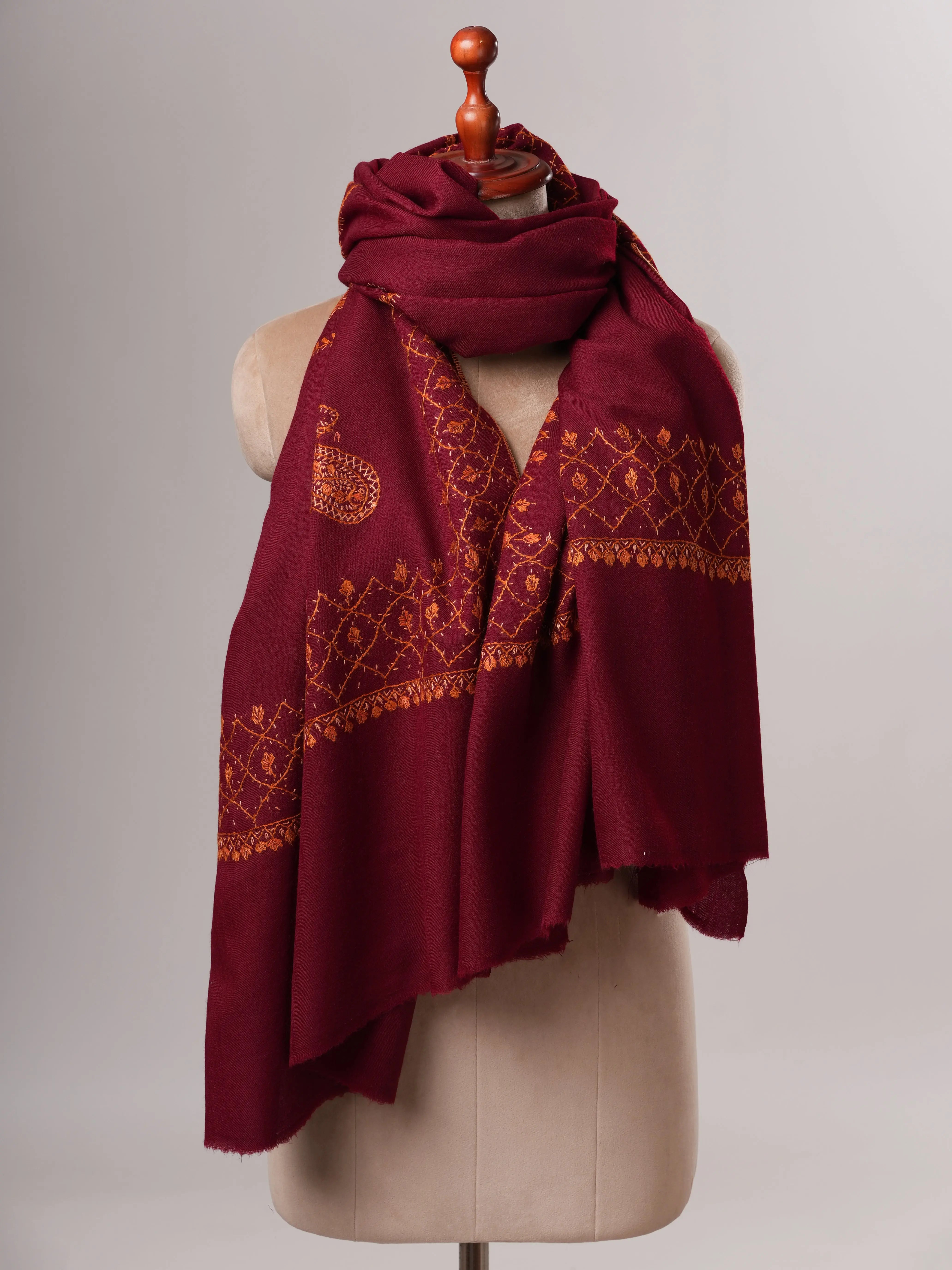 Handcrafted Maroon Fine Wool Shawl with Paisley Embroidery Shahkaar