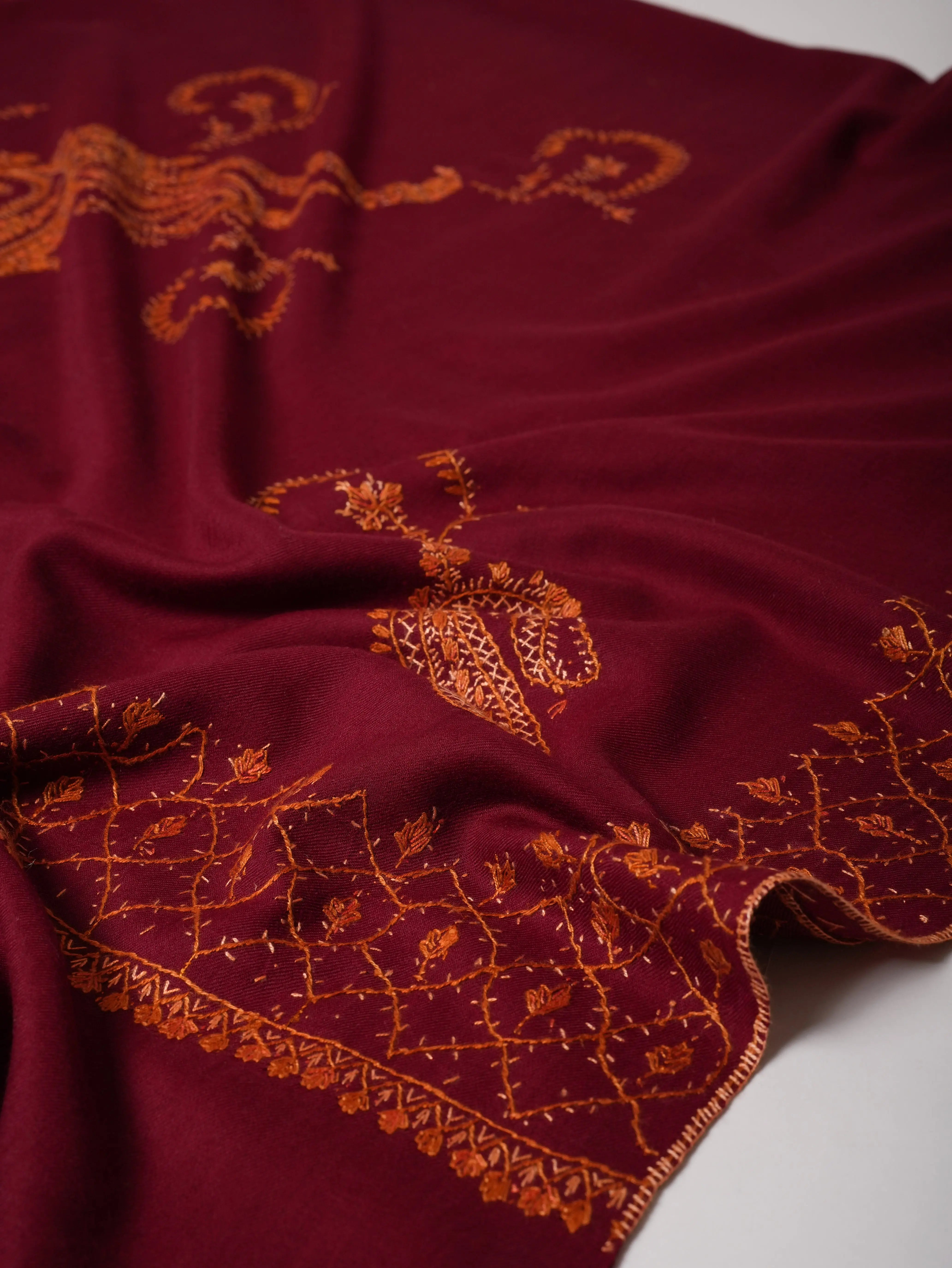 Handcrafted Maroon Fine Wool Shawl with Paisley Embroidery Shahkaar