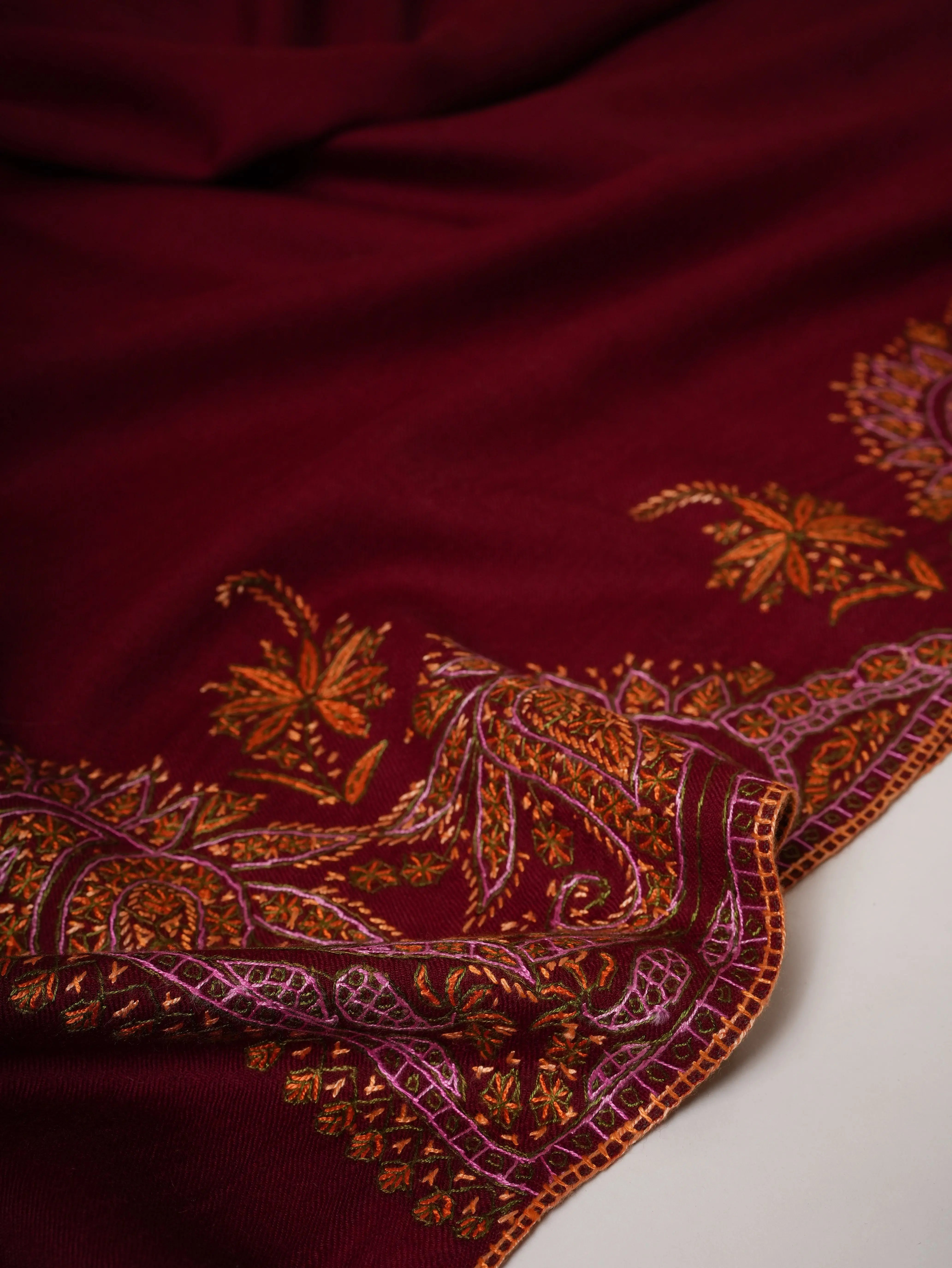 Maroon Daurdar Hand Embroidered Fine Wool Shawl Shahkaar