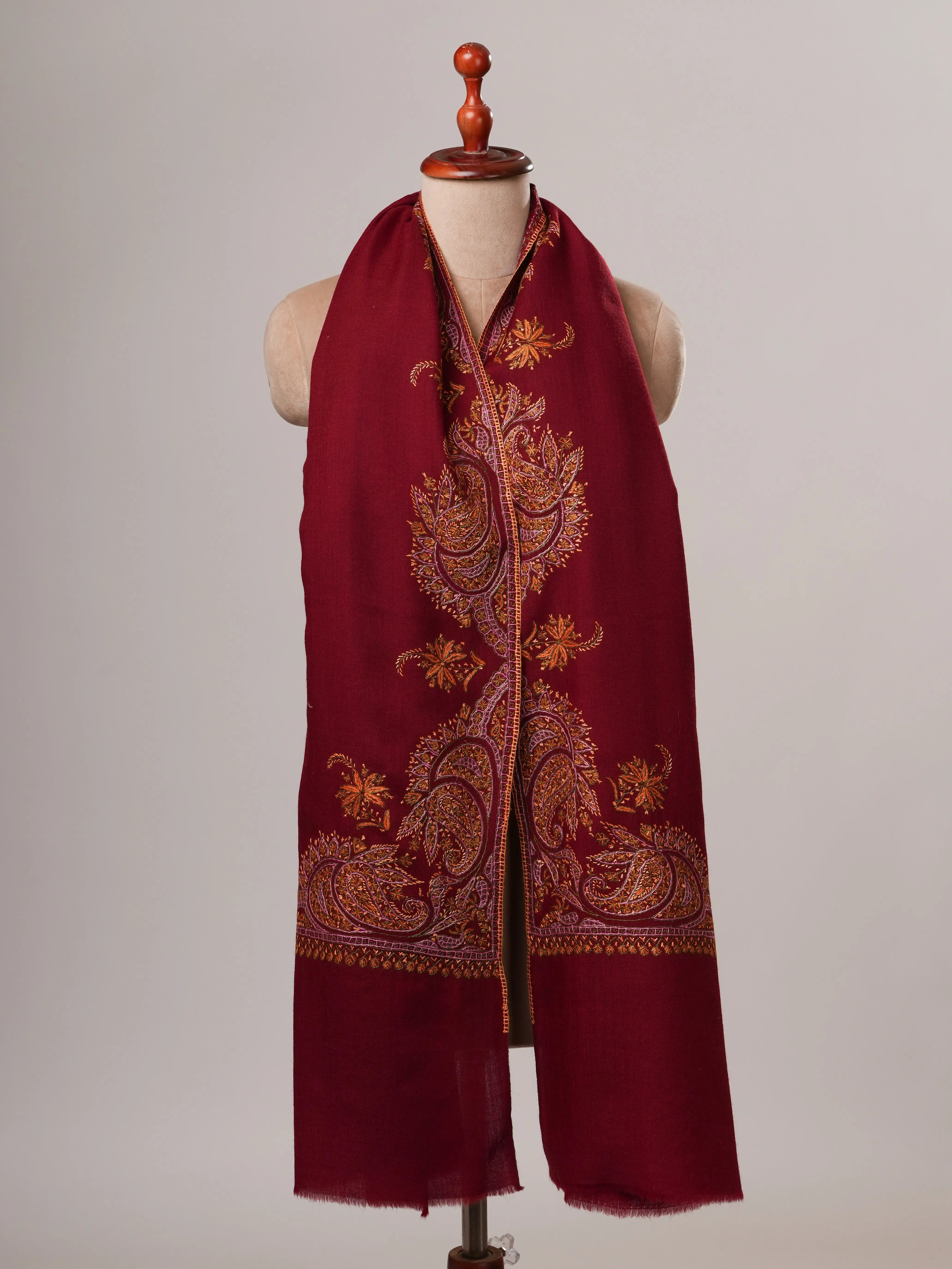 Maroon Daurdar Hand Embroidered Fine Wool Shawl Shahkaar