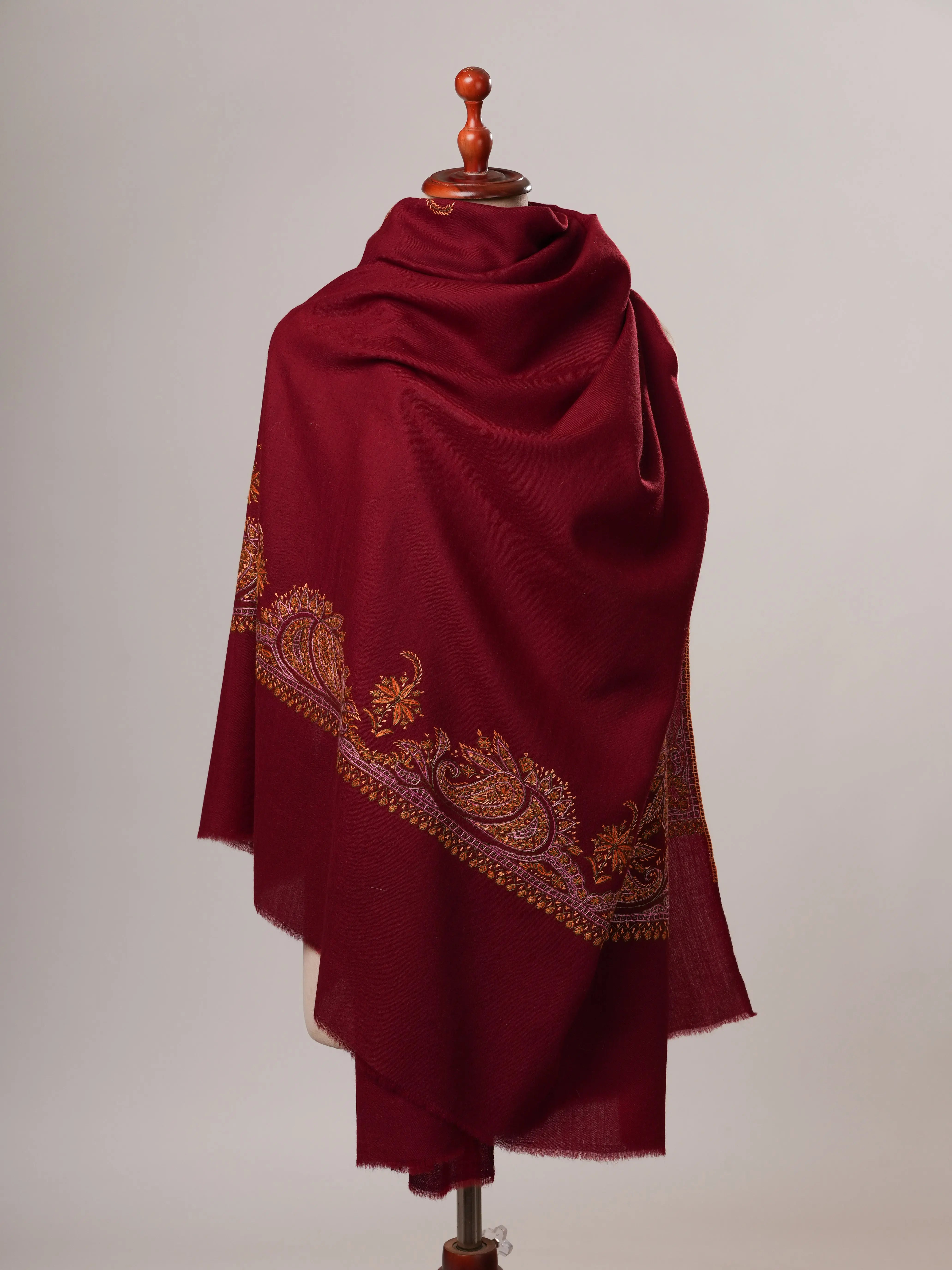 Maroon Daurdar Hand Embroidered Fine Wool Shawl Shahkaar