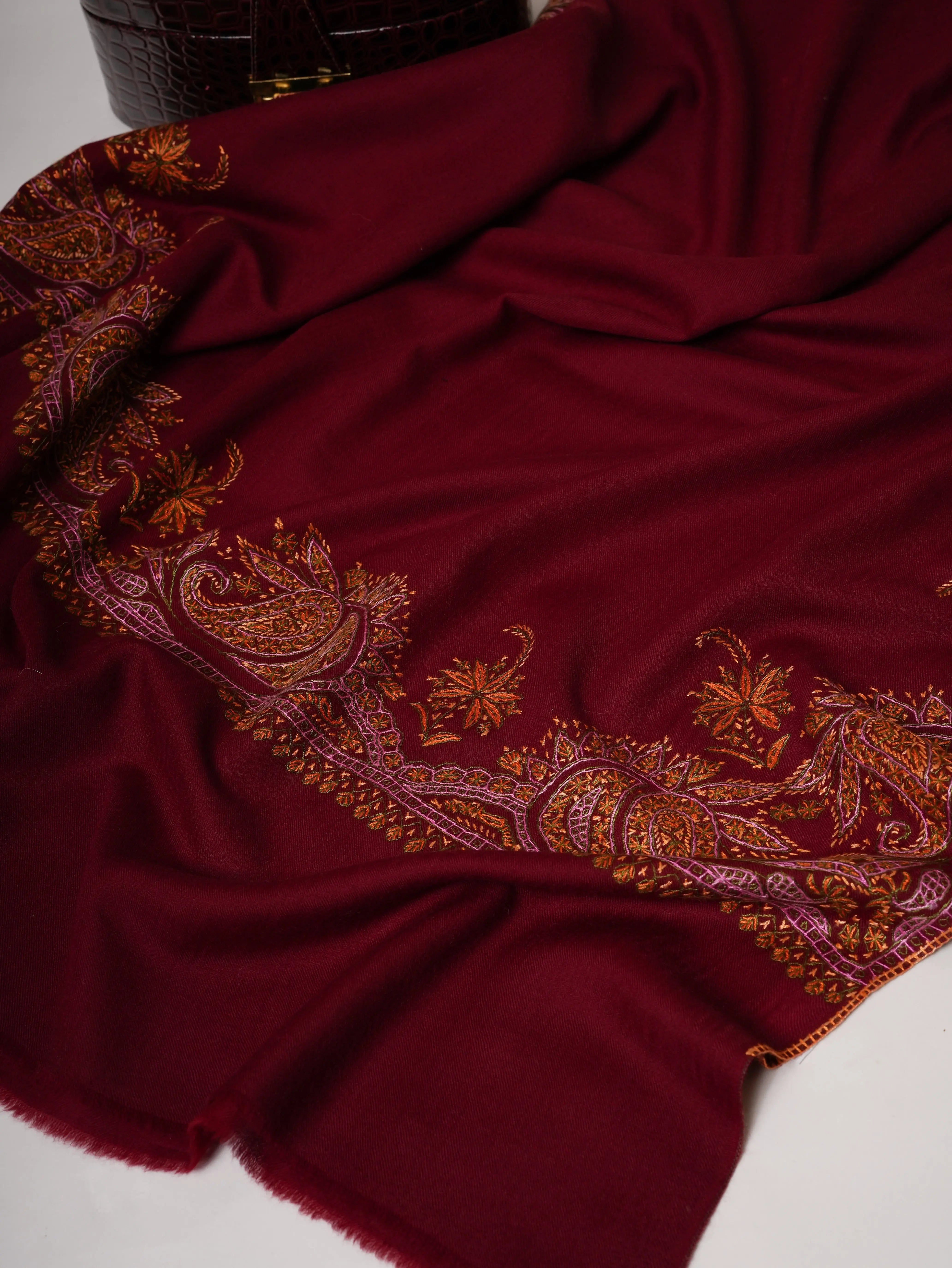 Maroon Daurdar Hand Embroidered Fine Wool Shawl Shahkaar