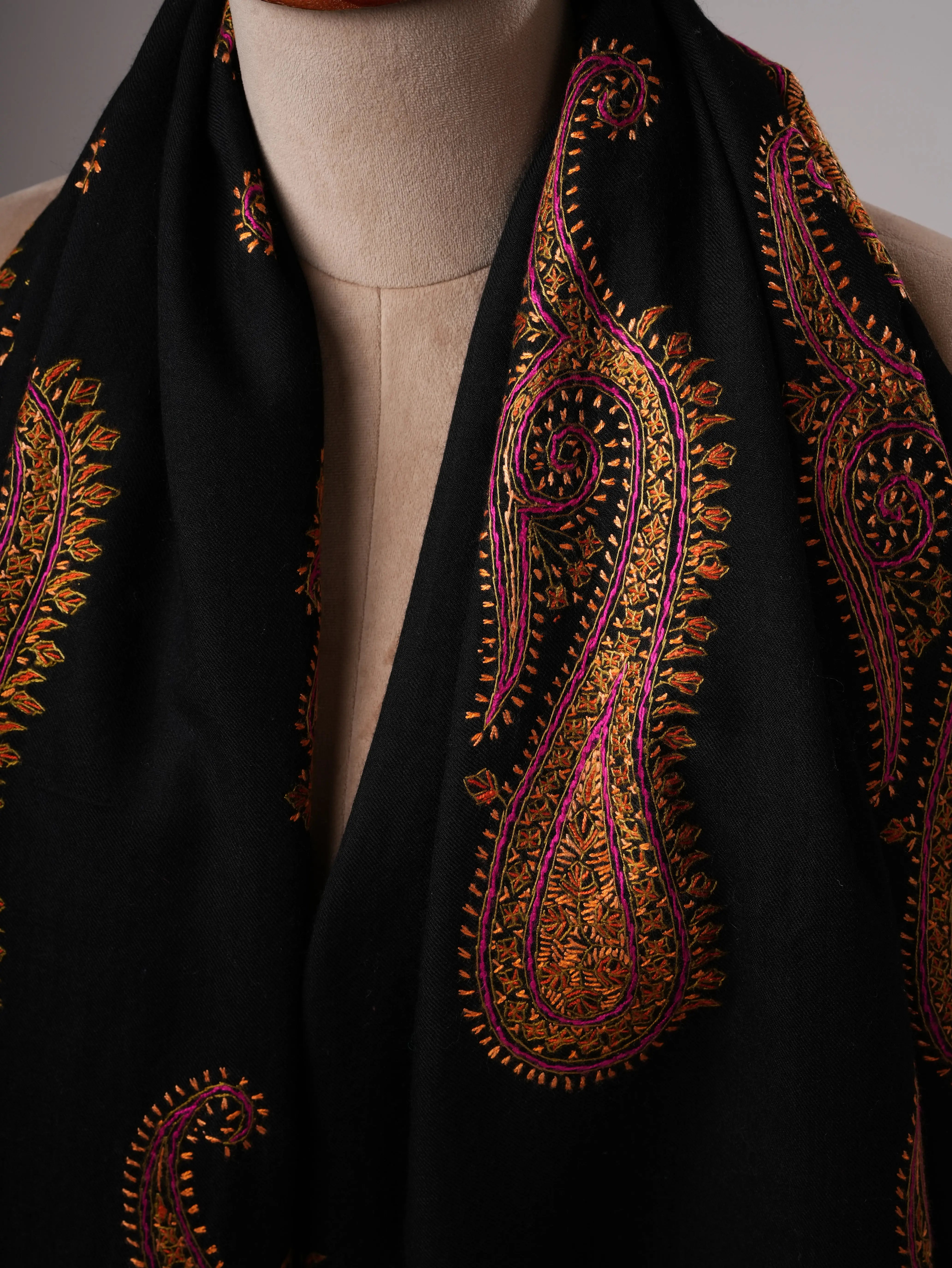 Fine Wool Black Shawl with Hand-Embroidered Paisley Motifs Shahkaar