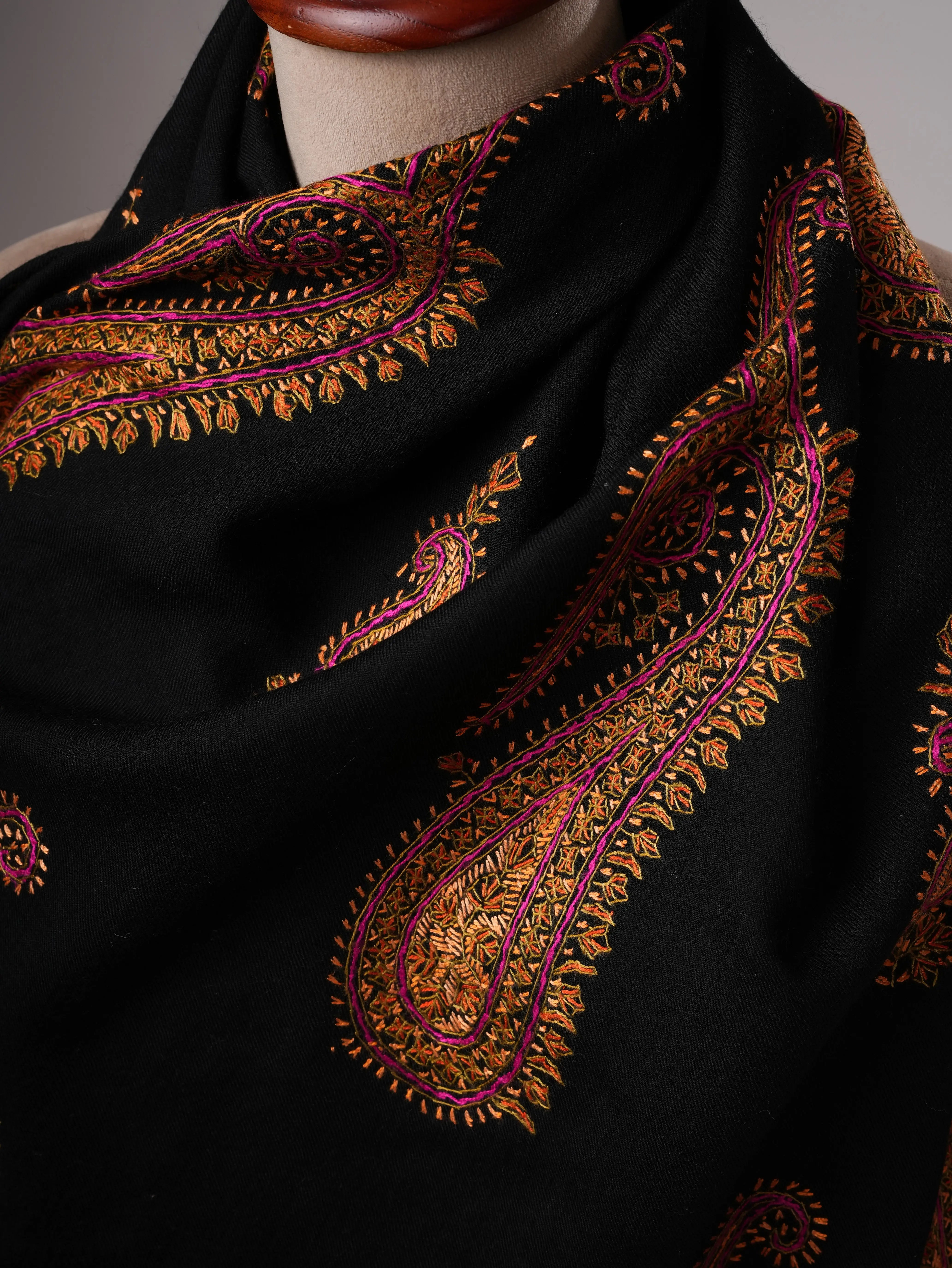 Fine Wool Black Shawl with Hand-Embroidered Paisley Motifs Shahkaar