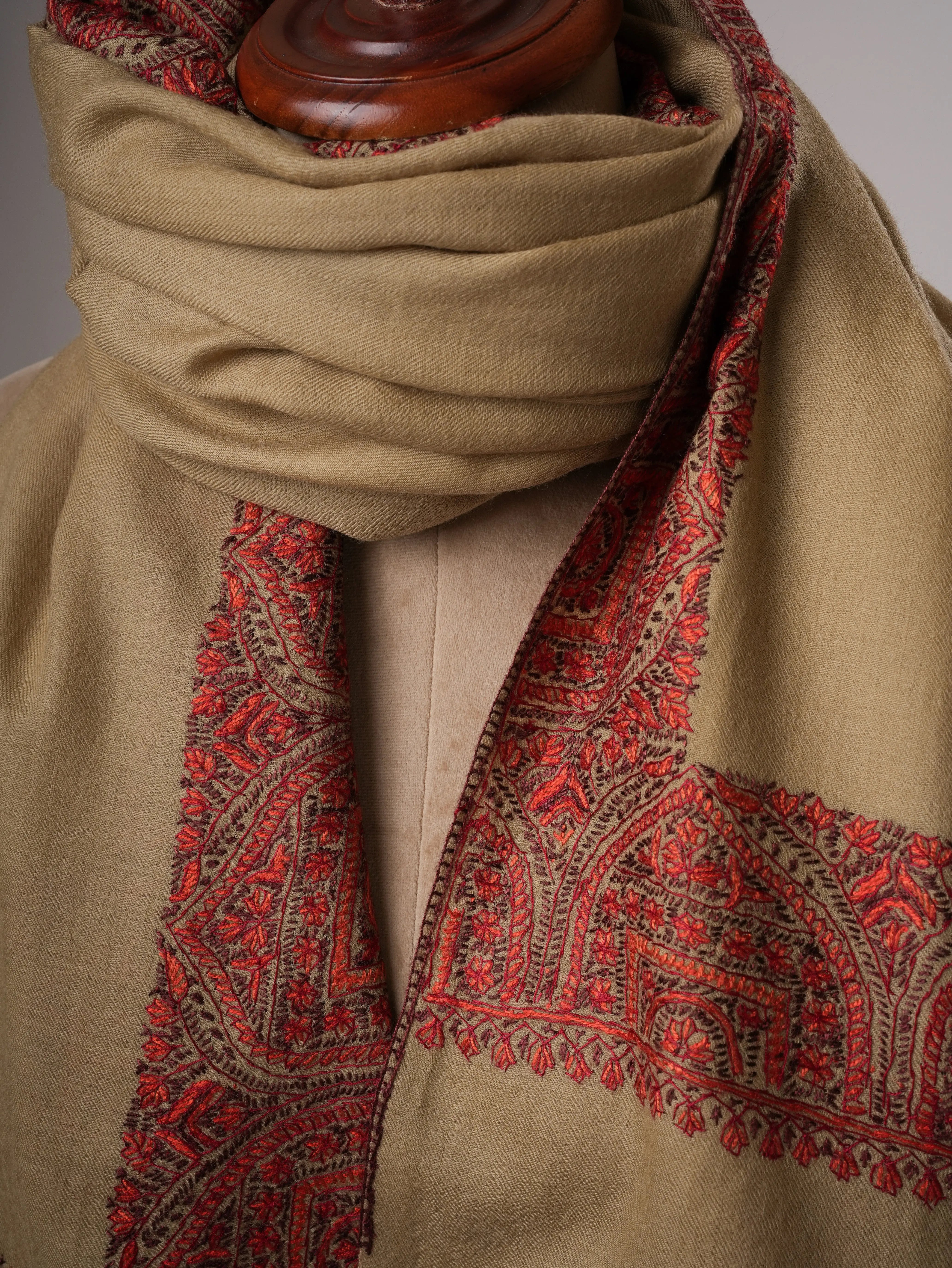 Fine Wool Shawl in Olive with Hand-Embroidered Daur Dar Motifs Shahkaar