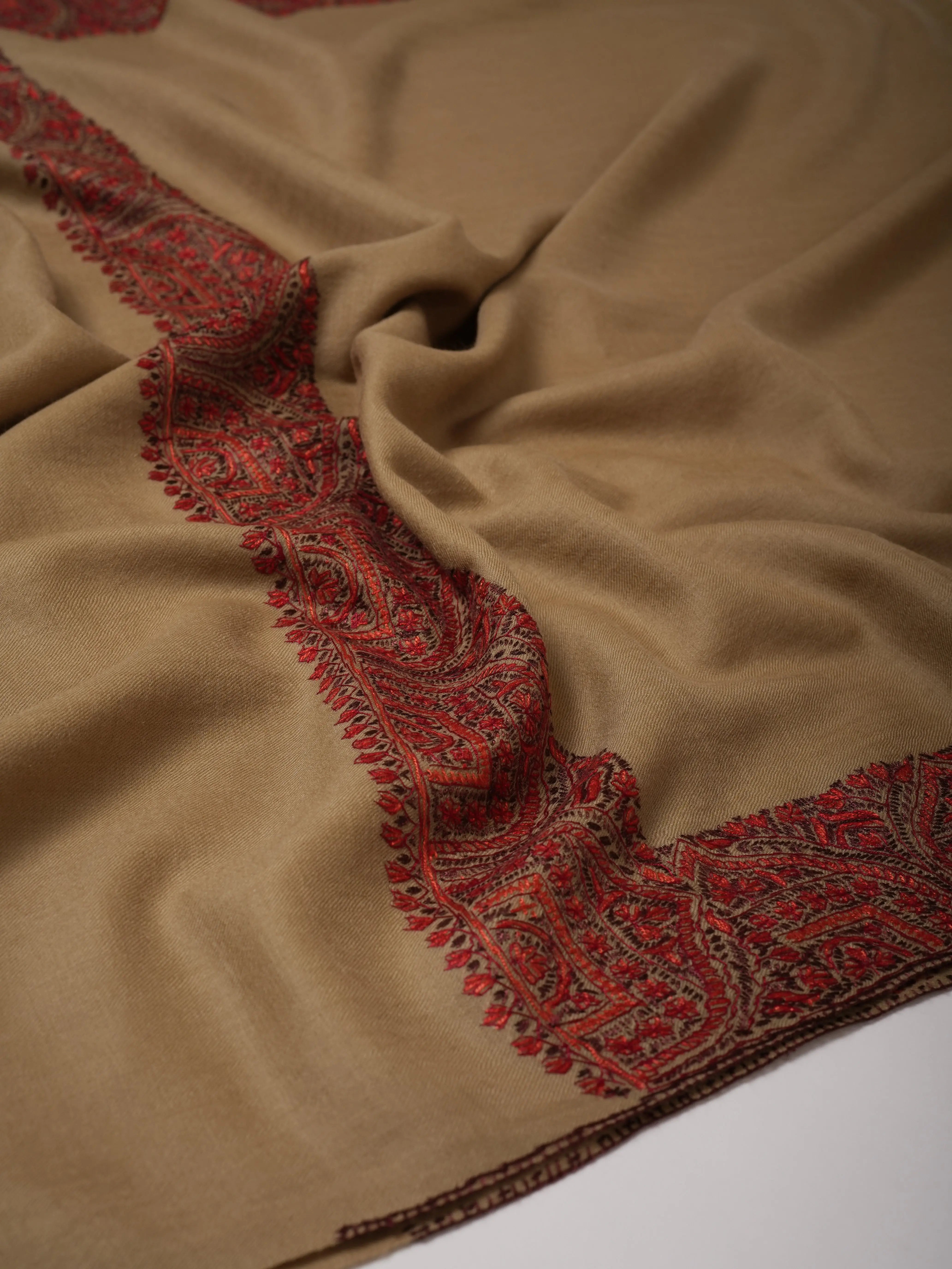 Fine Wool Shawl in Olive with Hand-Embroidered Daur Dar Motifs Shahkaar