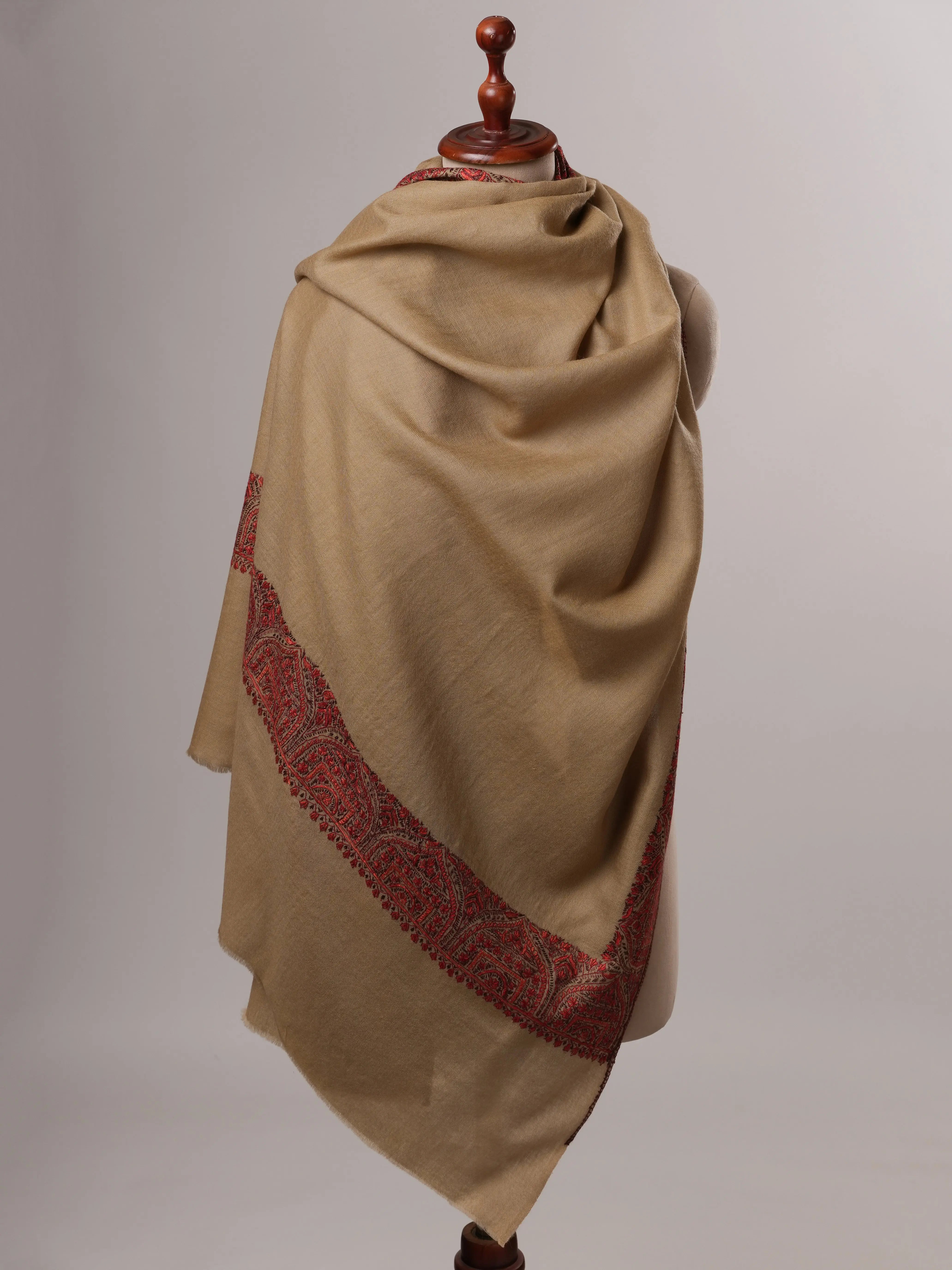 Fine Wool Shawl in Olive with Hand-Embroidered Daur Dar Motifs Shahkaar