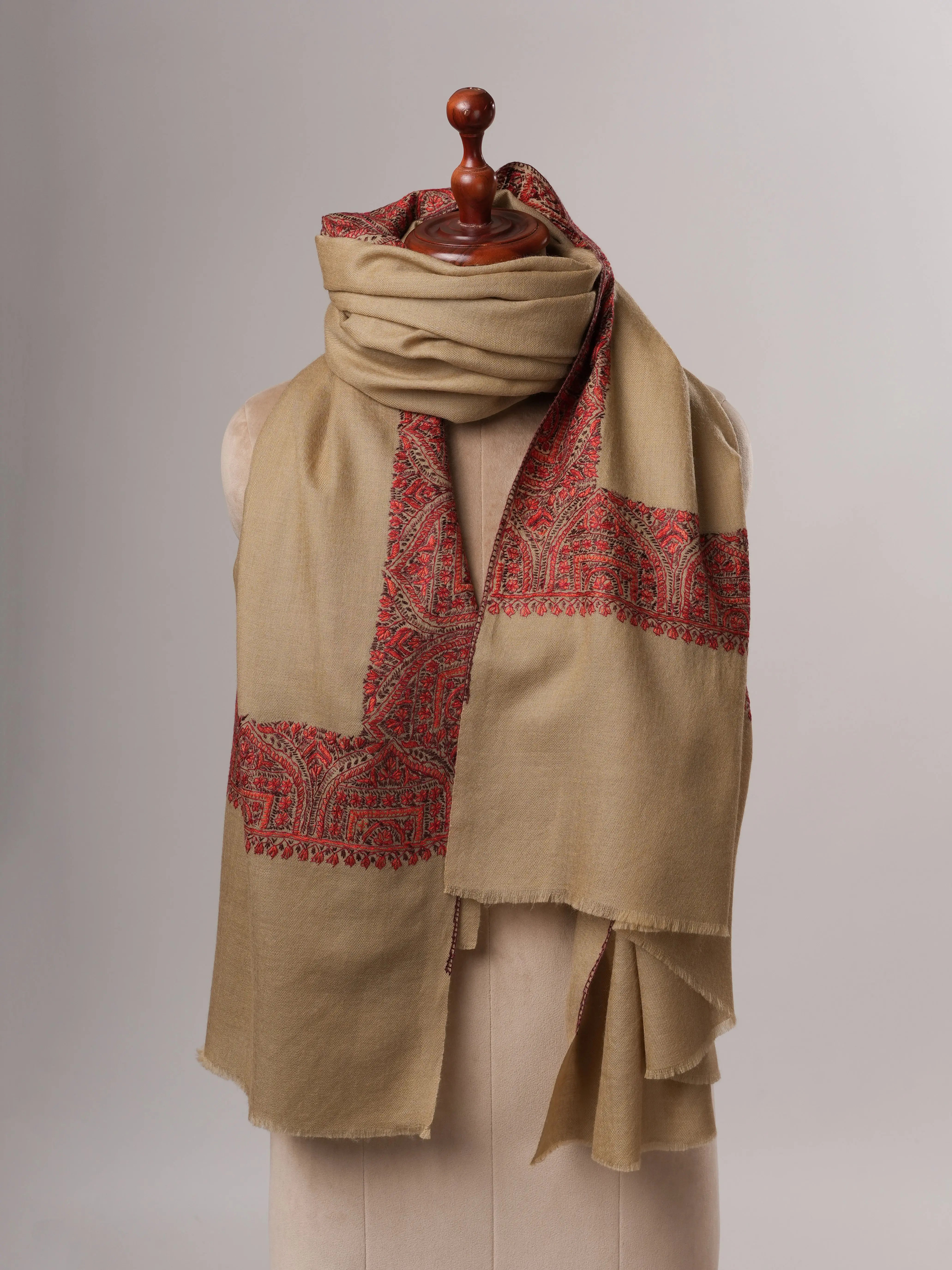 Fine Wool Shawl in Olive with Hand-Embroidered Daur Dar Motifs Shahkaar