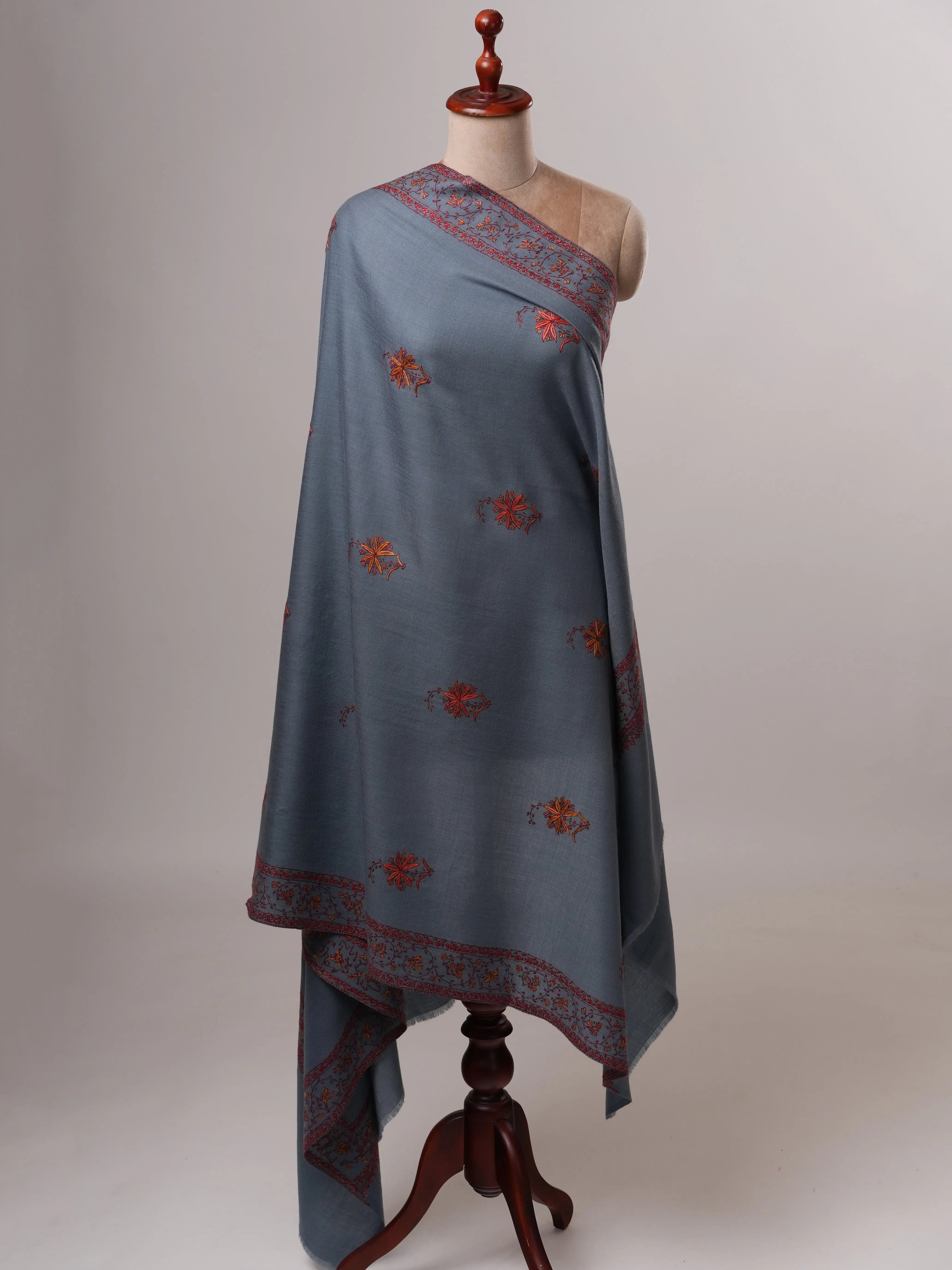 Elegant Denim Blue Fine Wool Shawl with Traditional Hand Embroidery Shahkaar