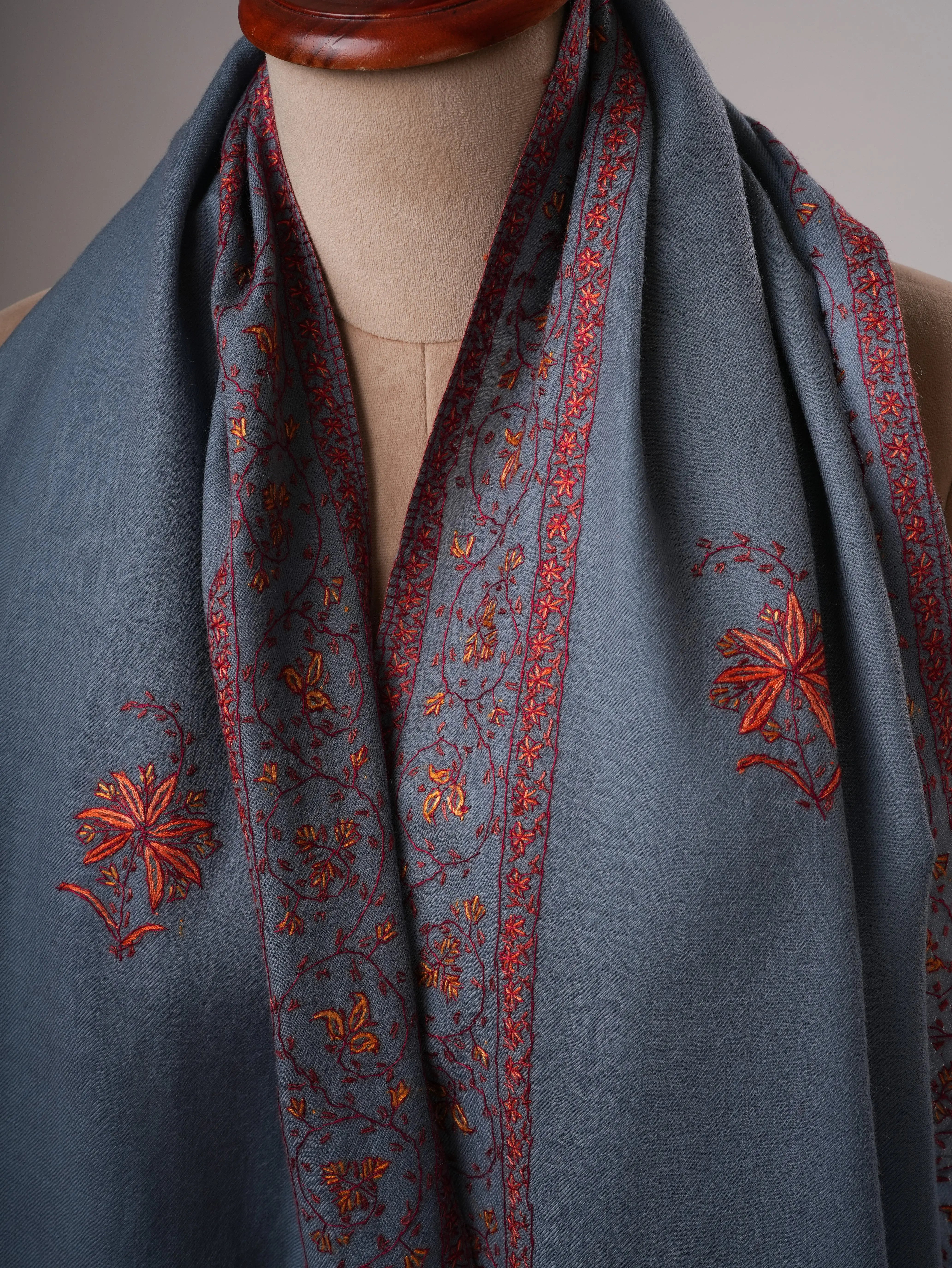 Elegant Denim Blue Fine Wool Shawl with Traditional Hand Embroidery Shahkaar