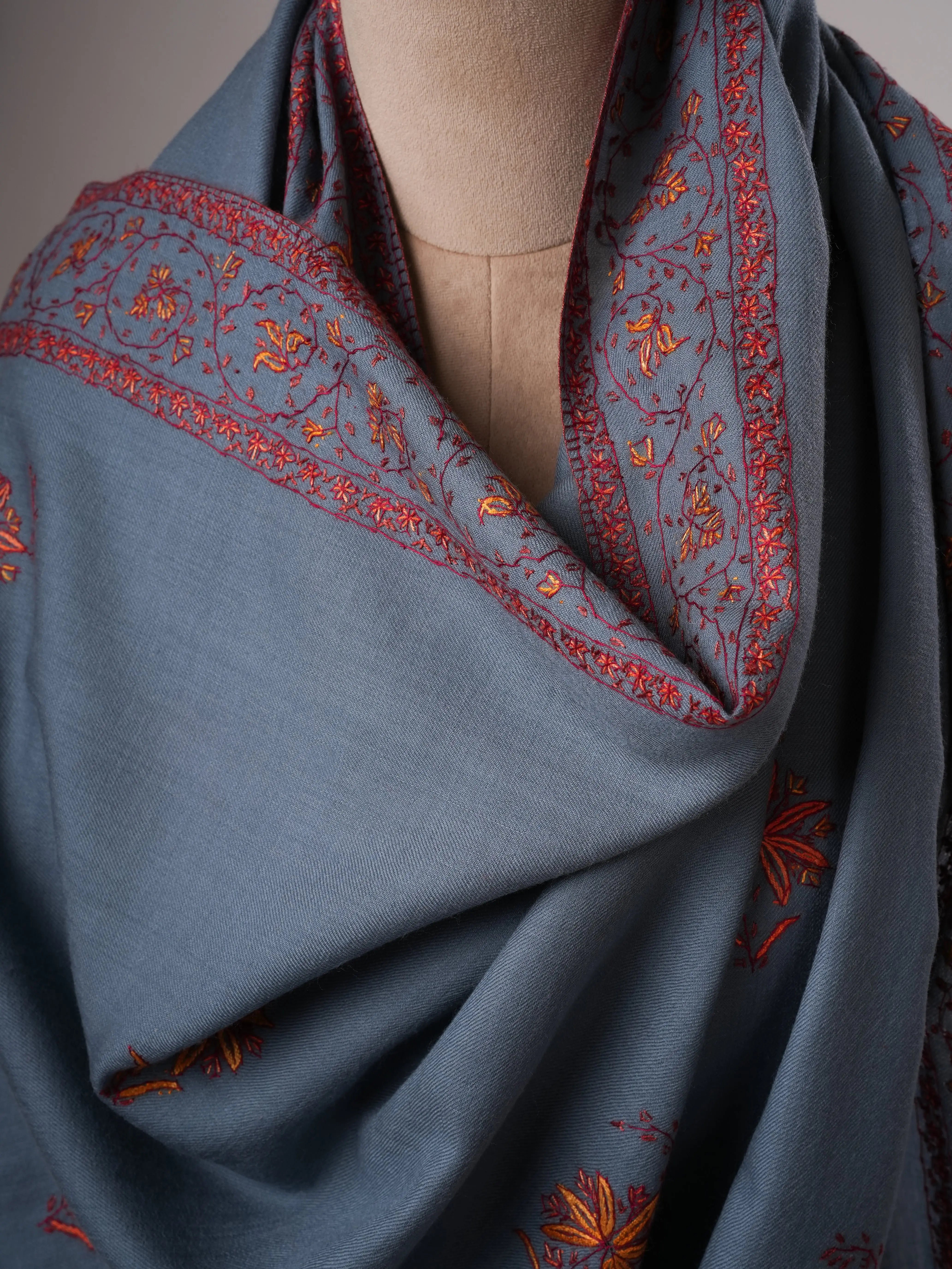 Elegant Denim Blue Fine Wool Shawl with Traditional Hand Embroidery Shahkaar