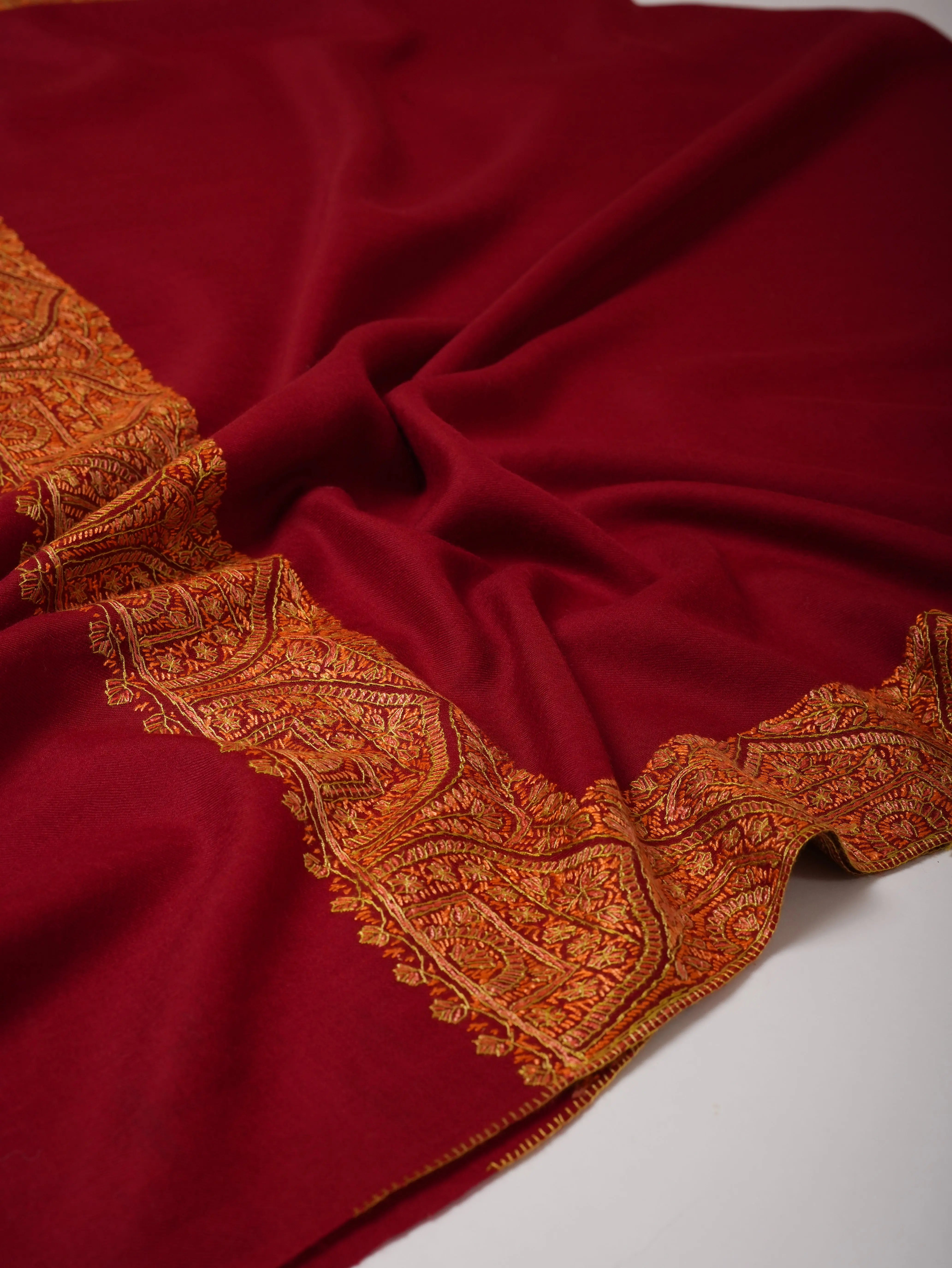 Hand Embroidered Burgundy Fine Wool Shawl with Daur Dar Border Shahkaar