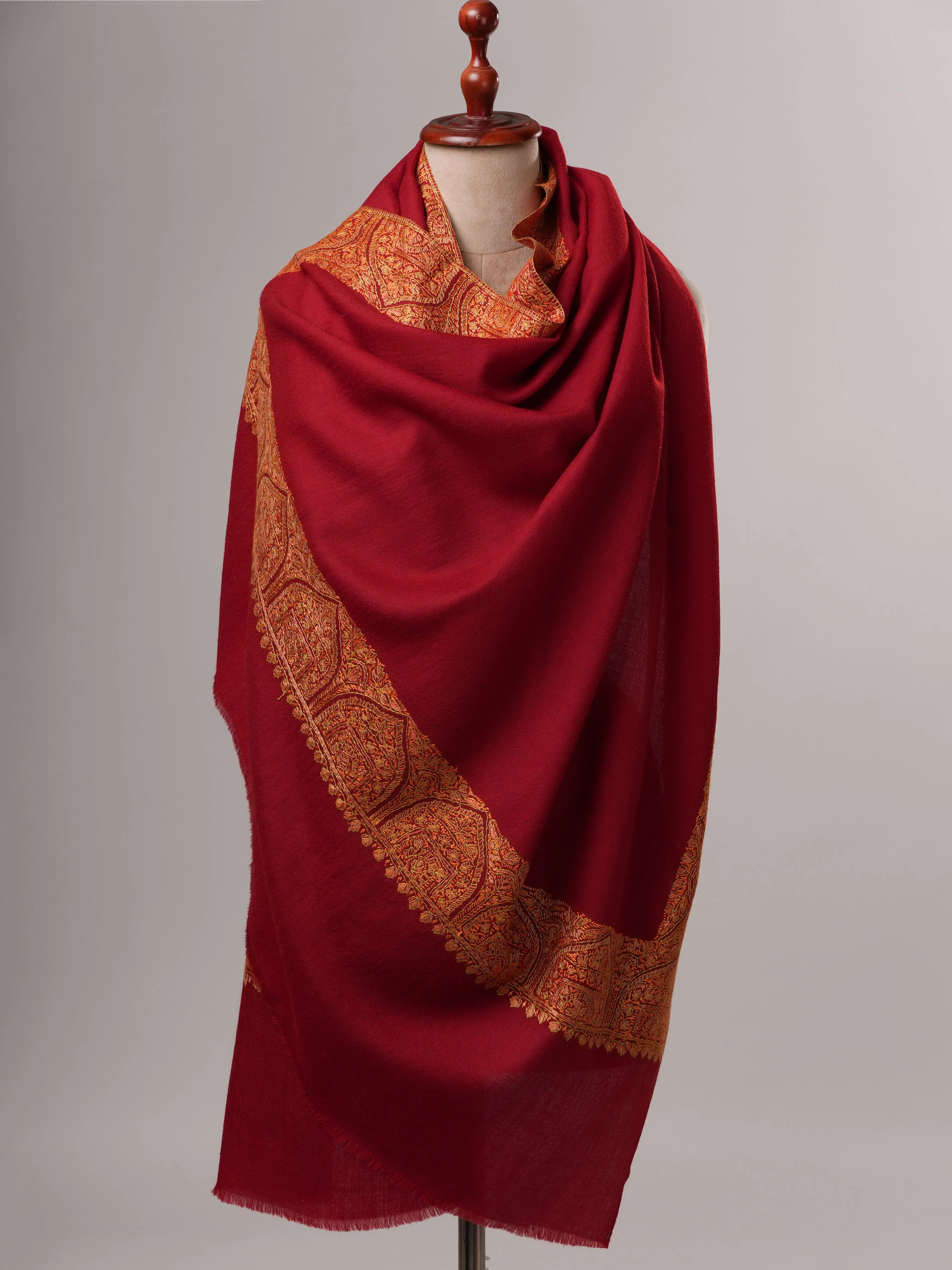 Hand Embroidered Burgundy Fine Wool Shawl with Daur Dar Border Shahkaar
