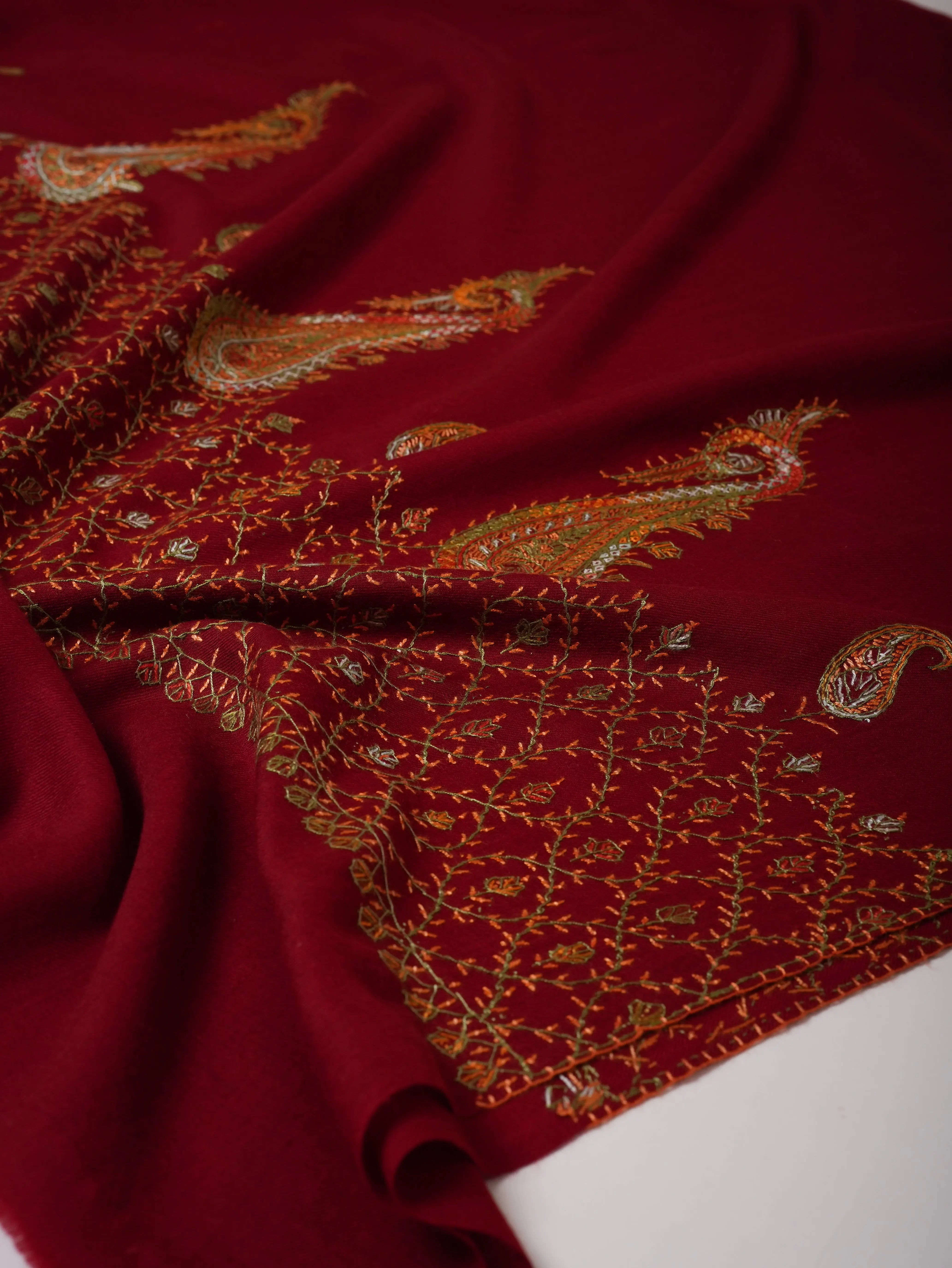 Maroon Fine Wool Shawl Featuring Hand Embroidered Motifs Shahkaar