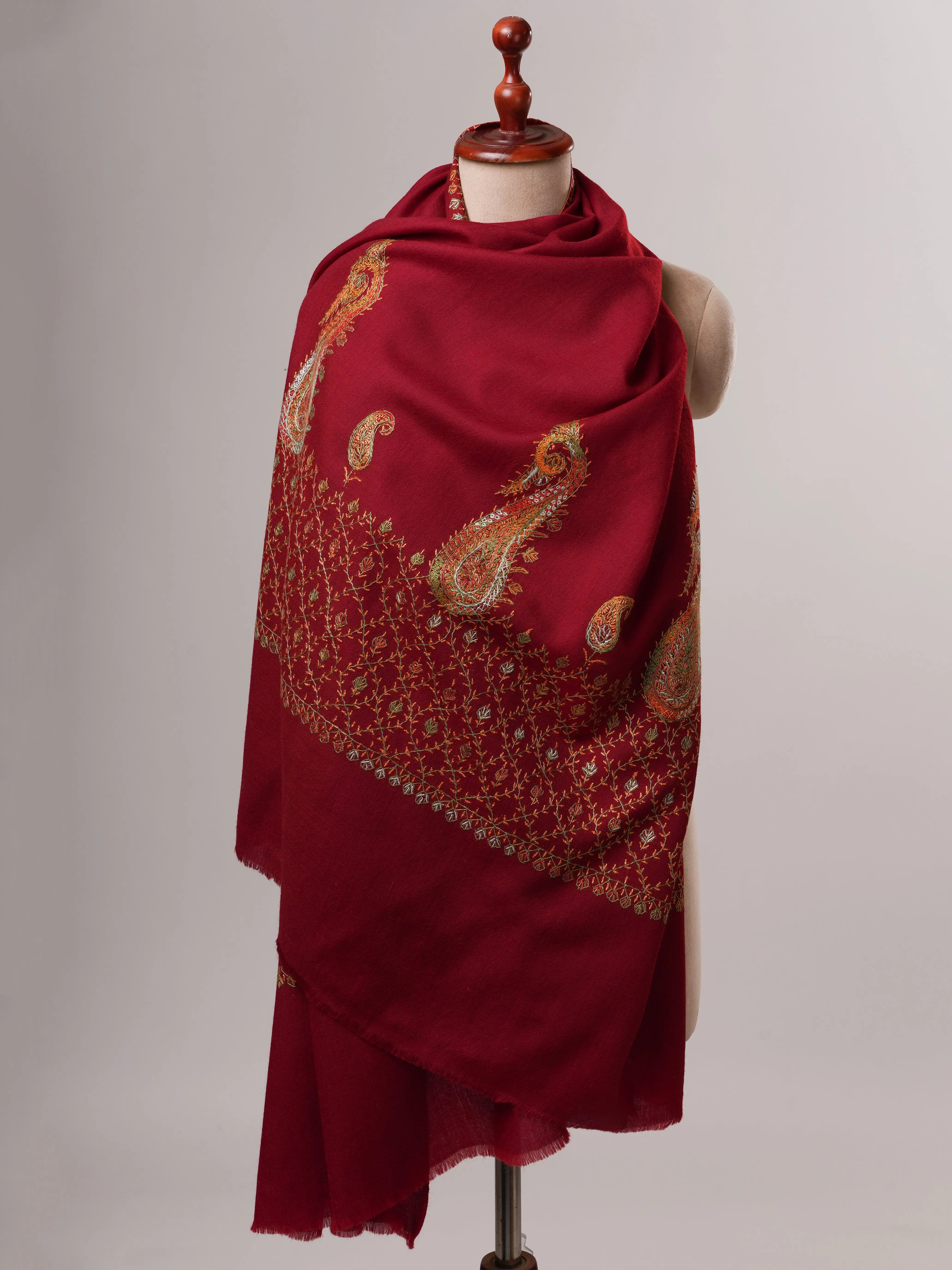 Maroon Fine Wool Shawl Featuring Hand Embroidered Motifs Shahkaar