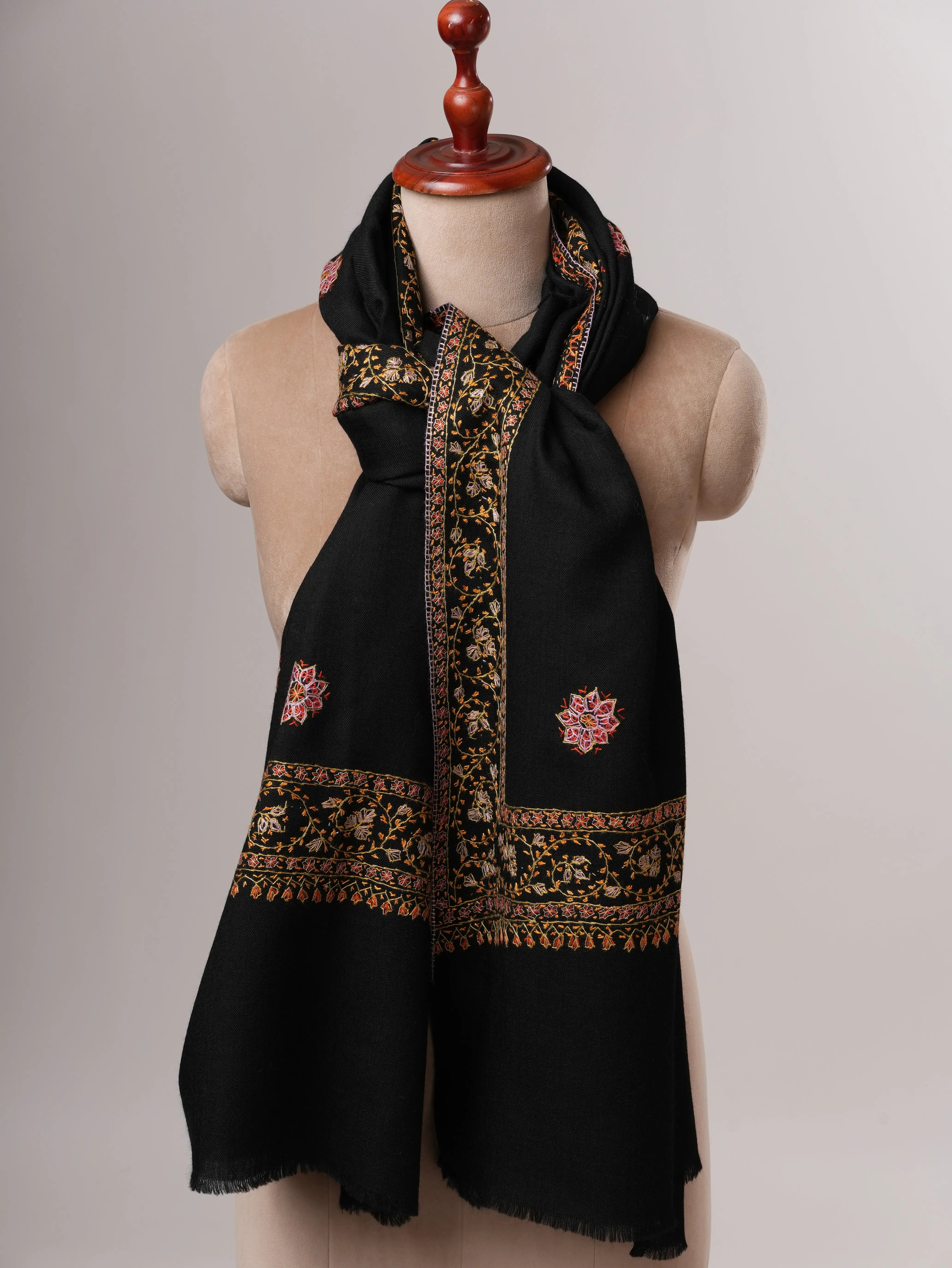 Fine Wool Black Shawl with Hand Embroidered Buteh Daur Motifs Shahkaar