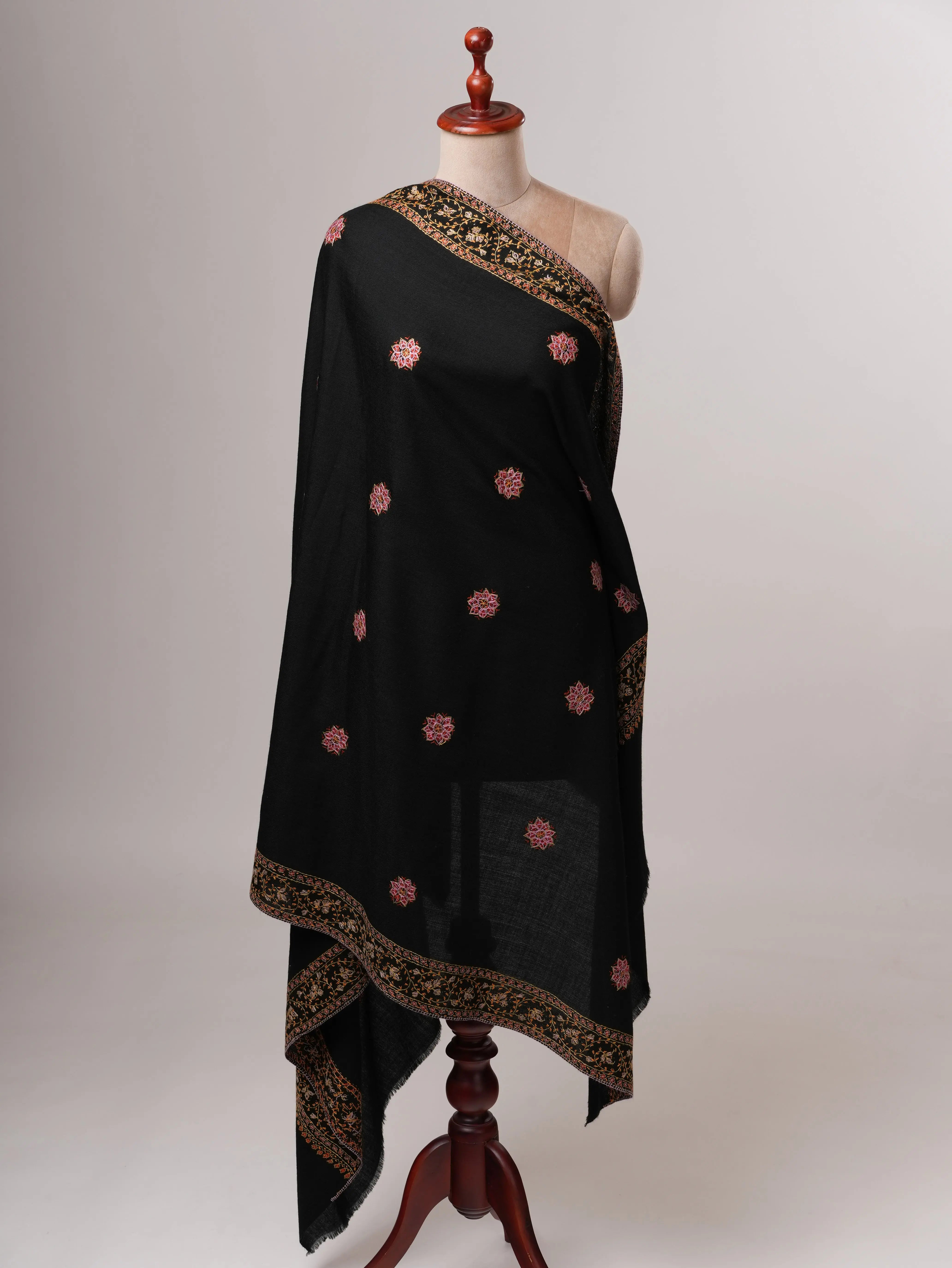 Fine Wool Black Shawl with Hand Embroidered Buteh Daur Motifs Shahkaar