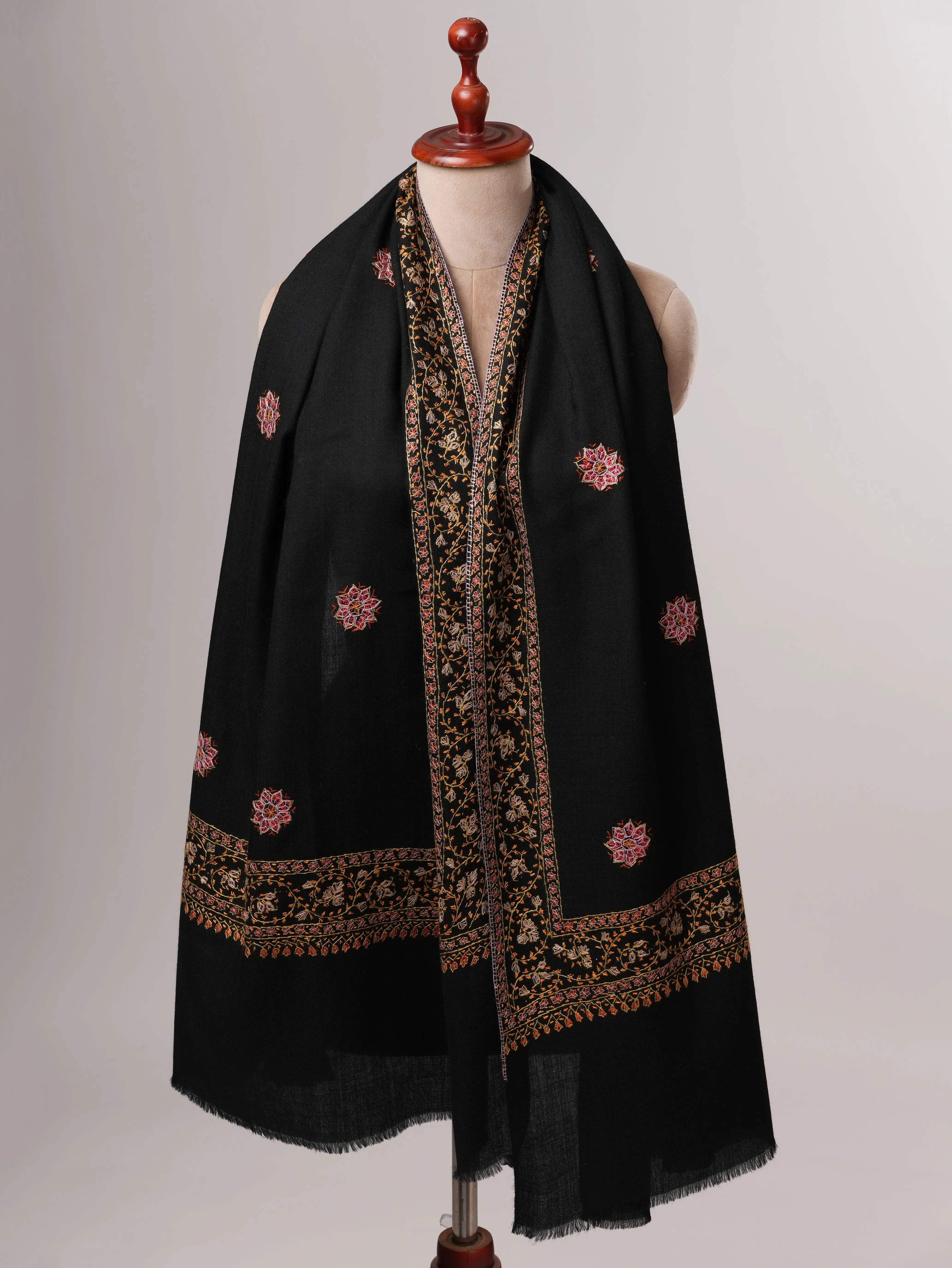 Fine Wool Black Shawl with Hand Embroidered Buteh Daur Motifs Shahkaar