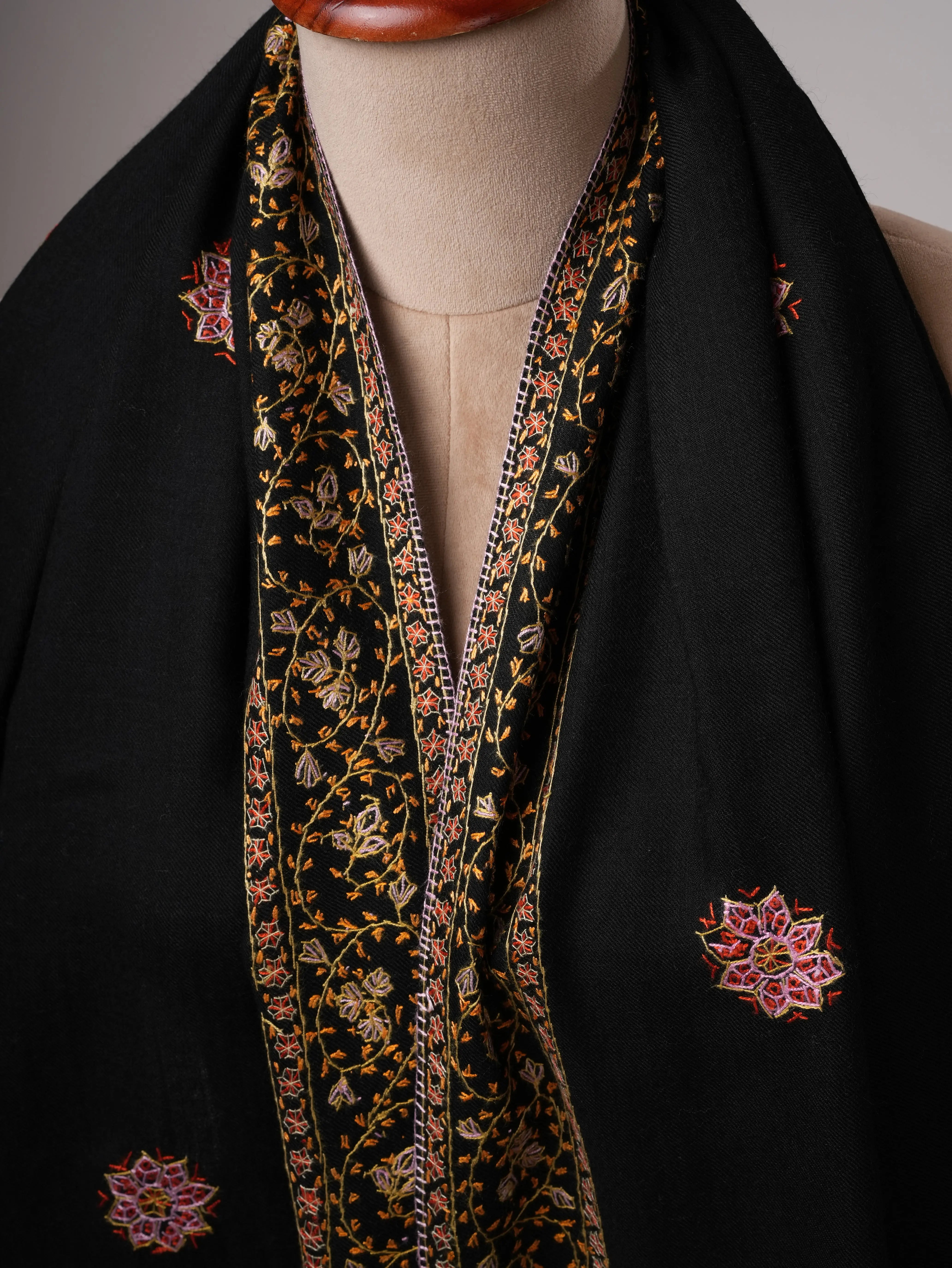 Fine Wool Black Shawl with Hand Embroidered Buteh Daur Motifs Shahkaar