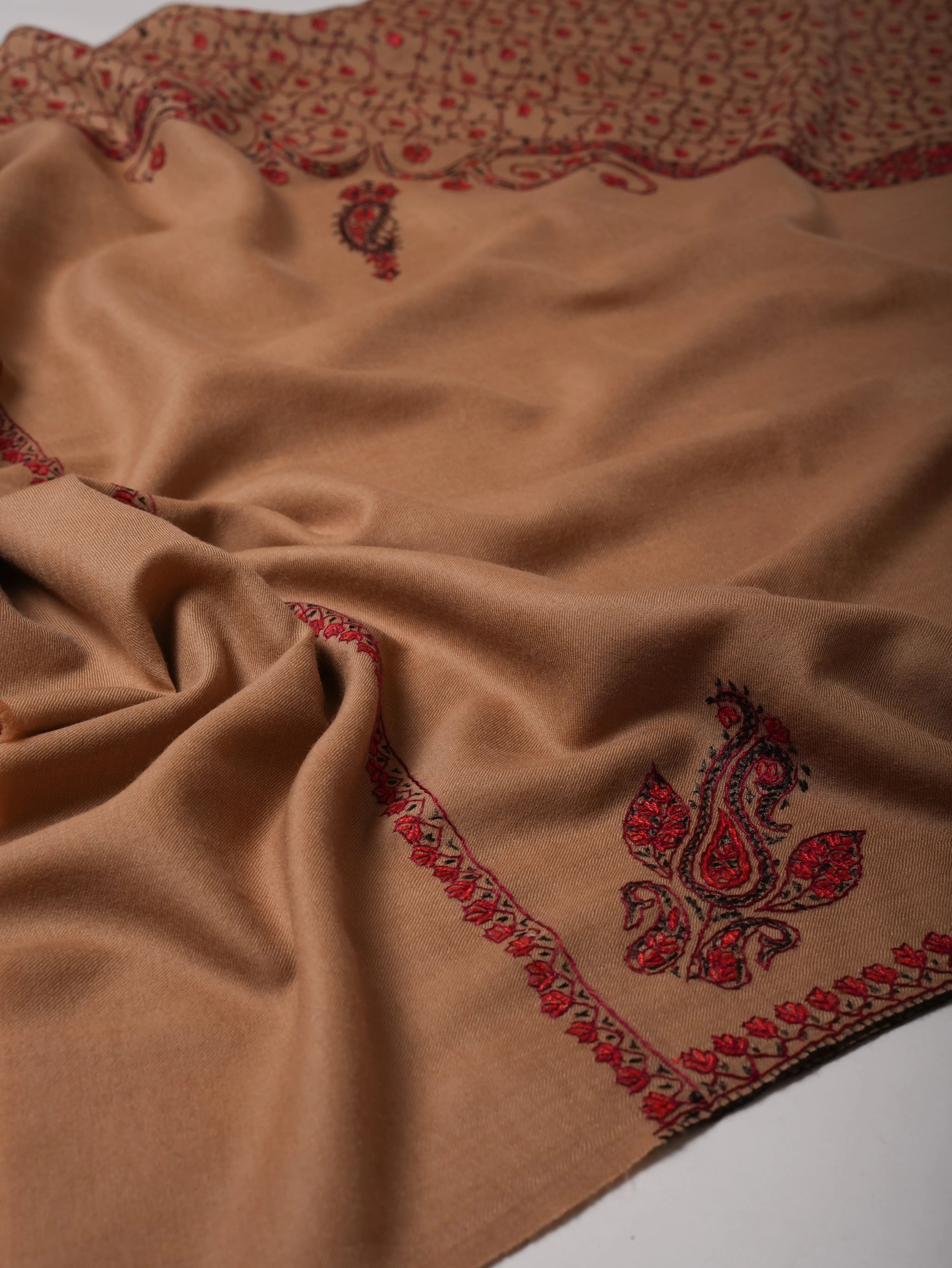 Classic Beige Fine Wool Shawl with Hand Embroidery Shahkaar