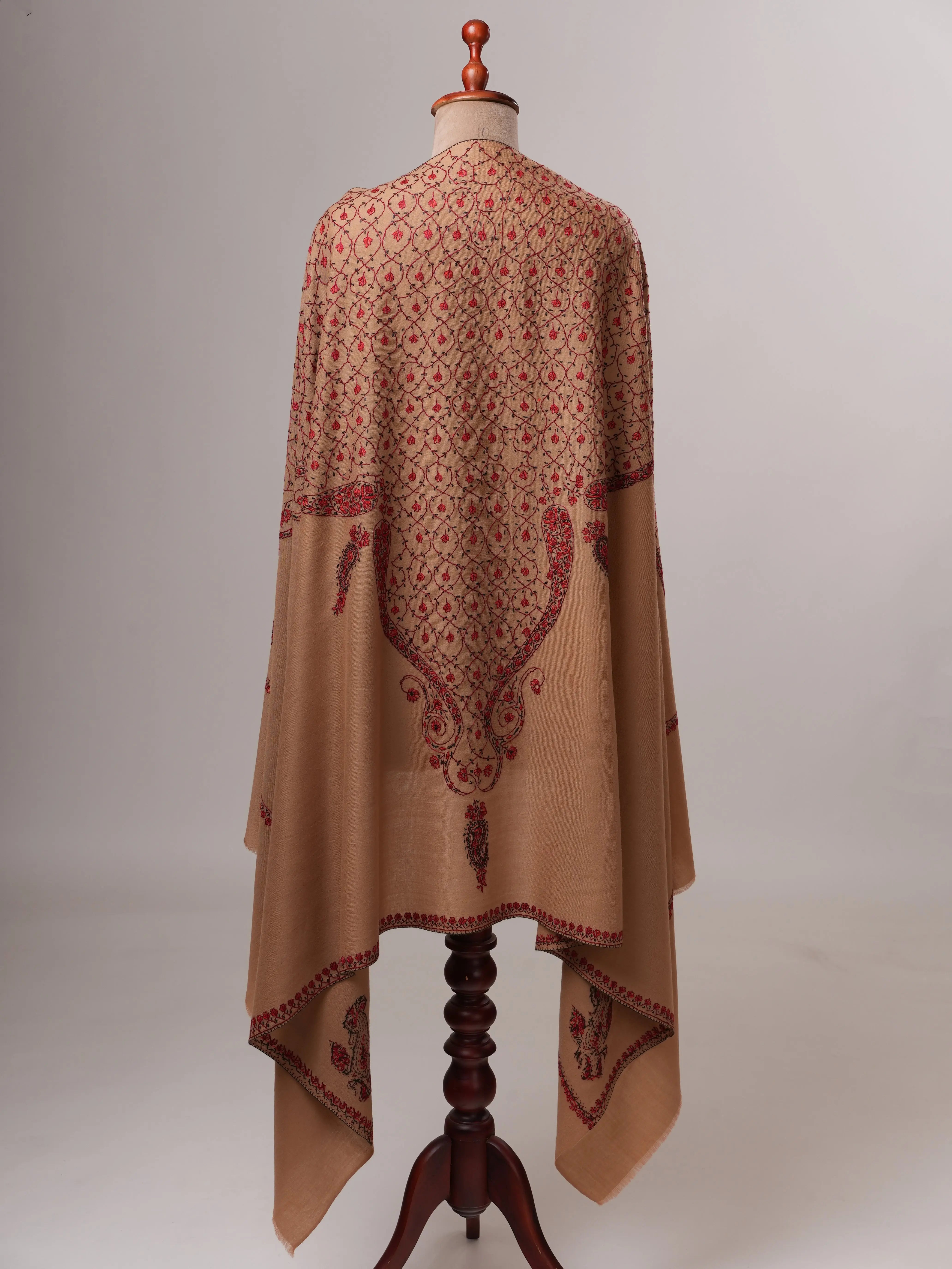 Classic Beige Fine Wool Shawl with Hand Embroidery Shahkaar