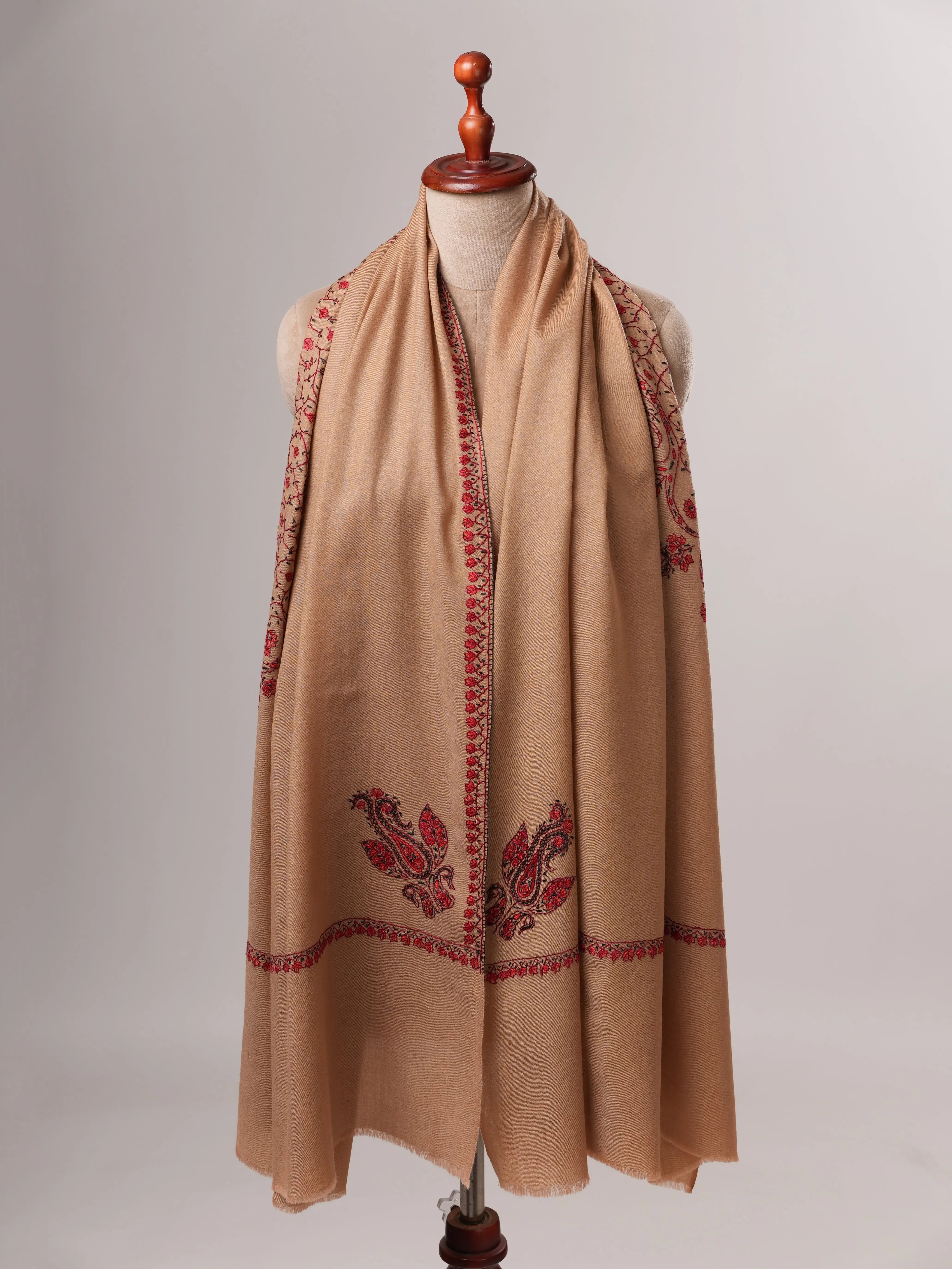 Classic Beige Fine Wool Shawl with Hand Embroidery Shahkaar