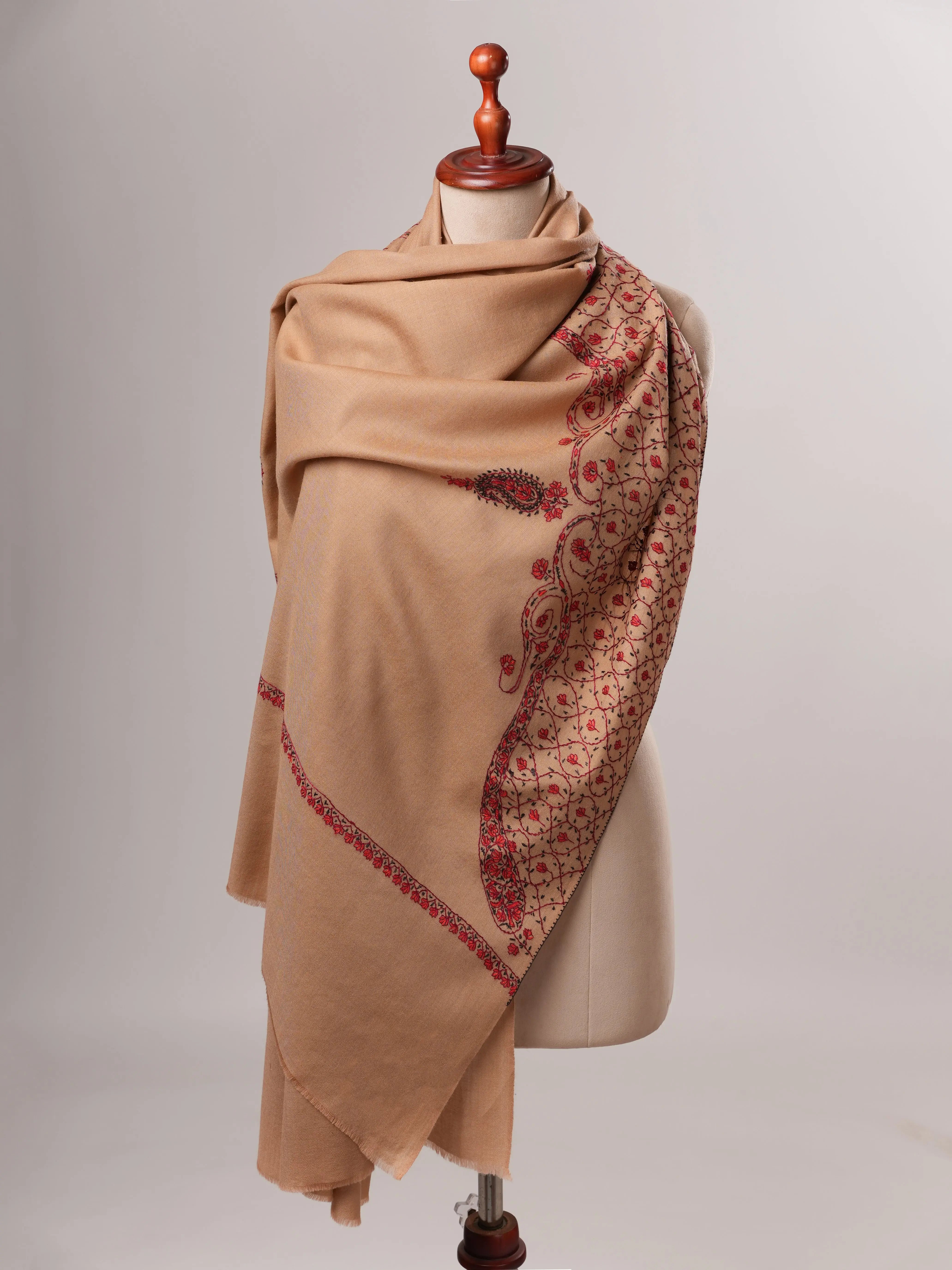 Classic Beige Fine Wool Shawl with Hand Embroidery Shahkaar