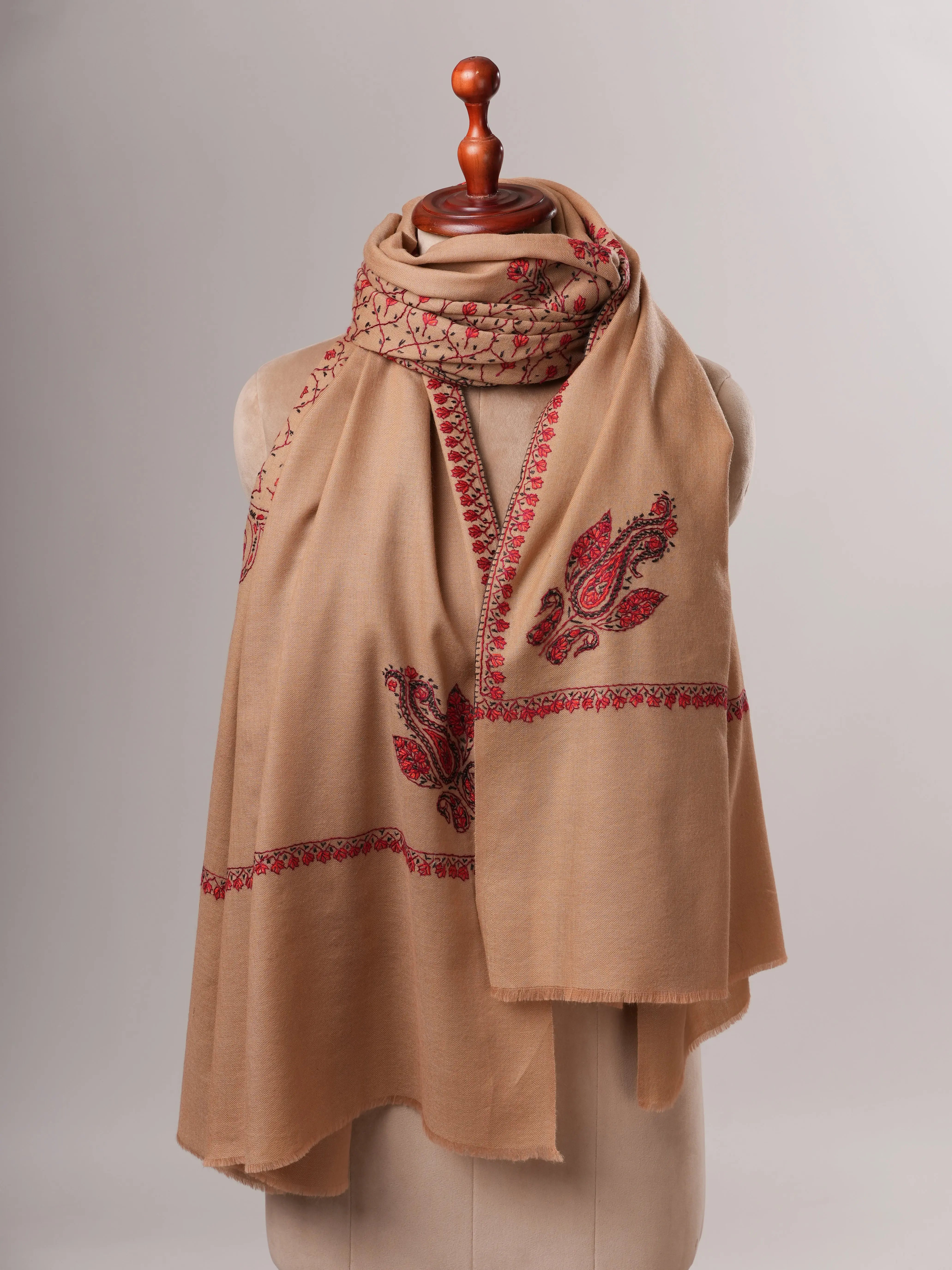 Classic Beige Fine Wool Shawl with Hand Embroidery Shahkaar
