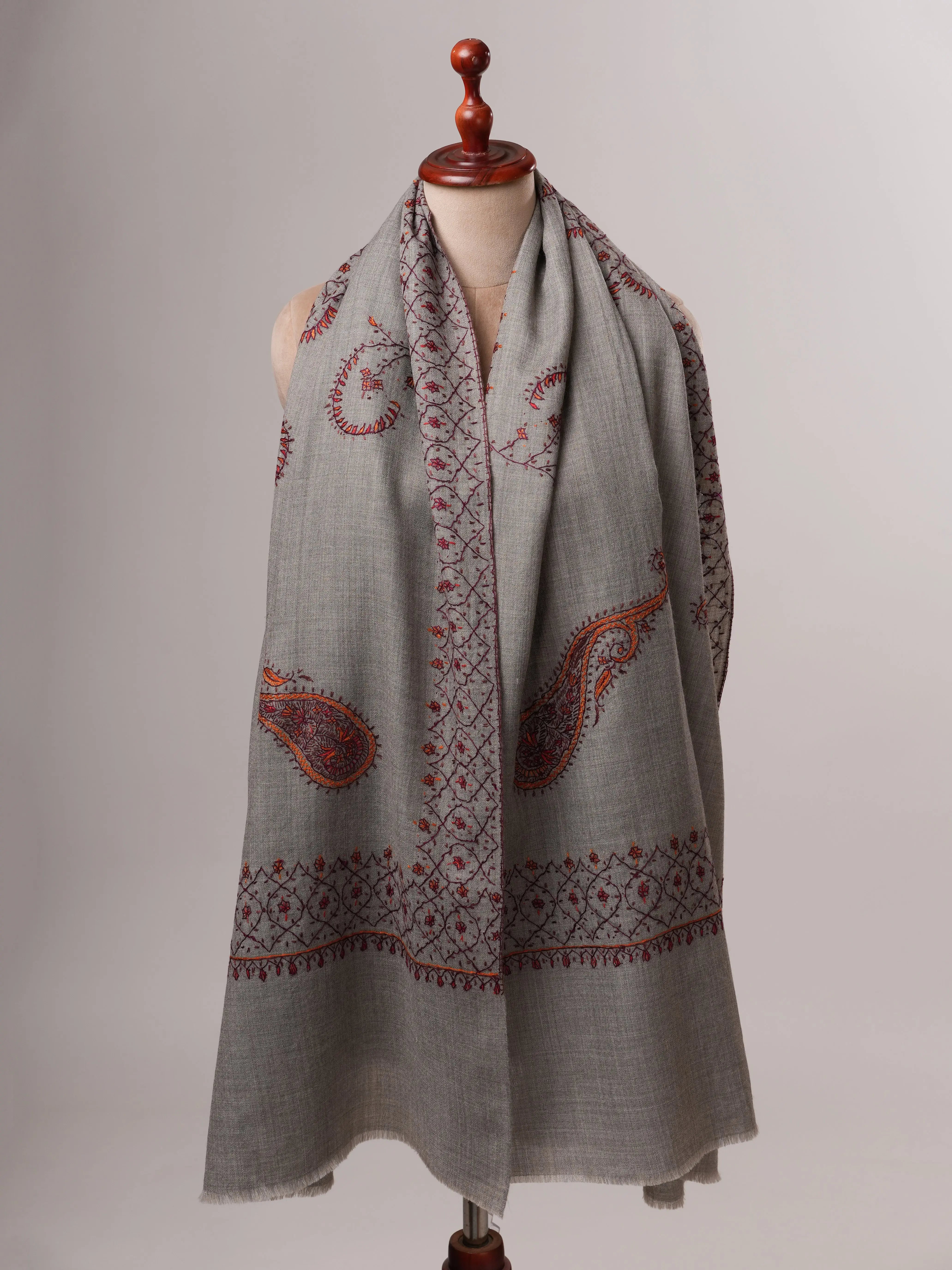 Grey Fine Wool Shawl with Delicate Hand Embroidery Shahkaar