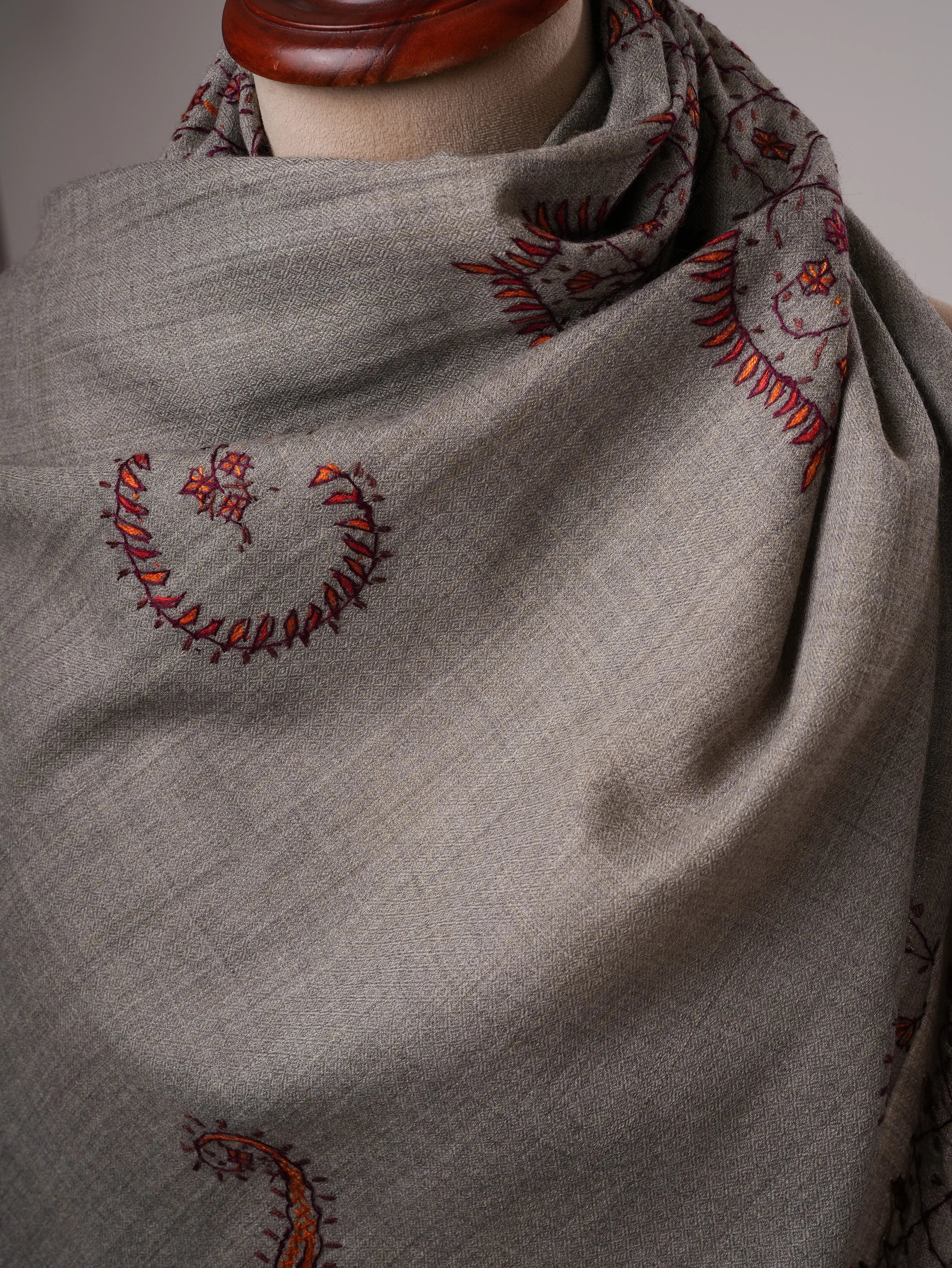 Grey Fine Wool Shawl with Delicate Hand Embroidery Shahkaar