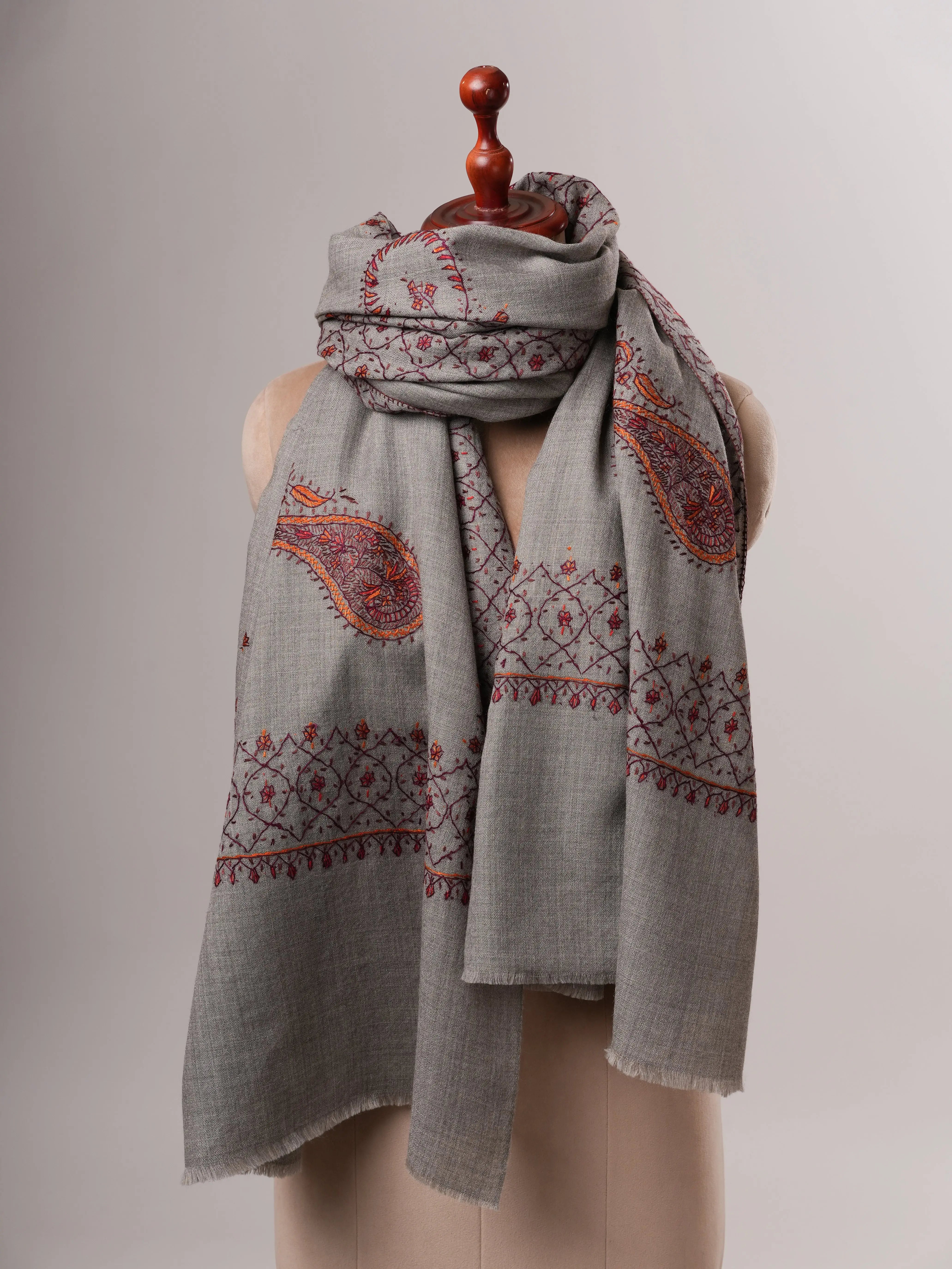 Grey Fine Wool Shawl with Delicate Hand Embroidery Shahkaar