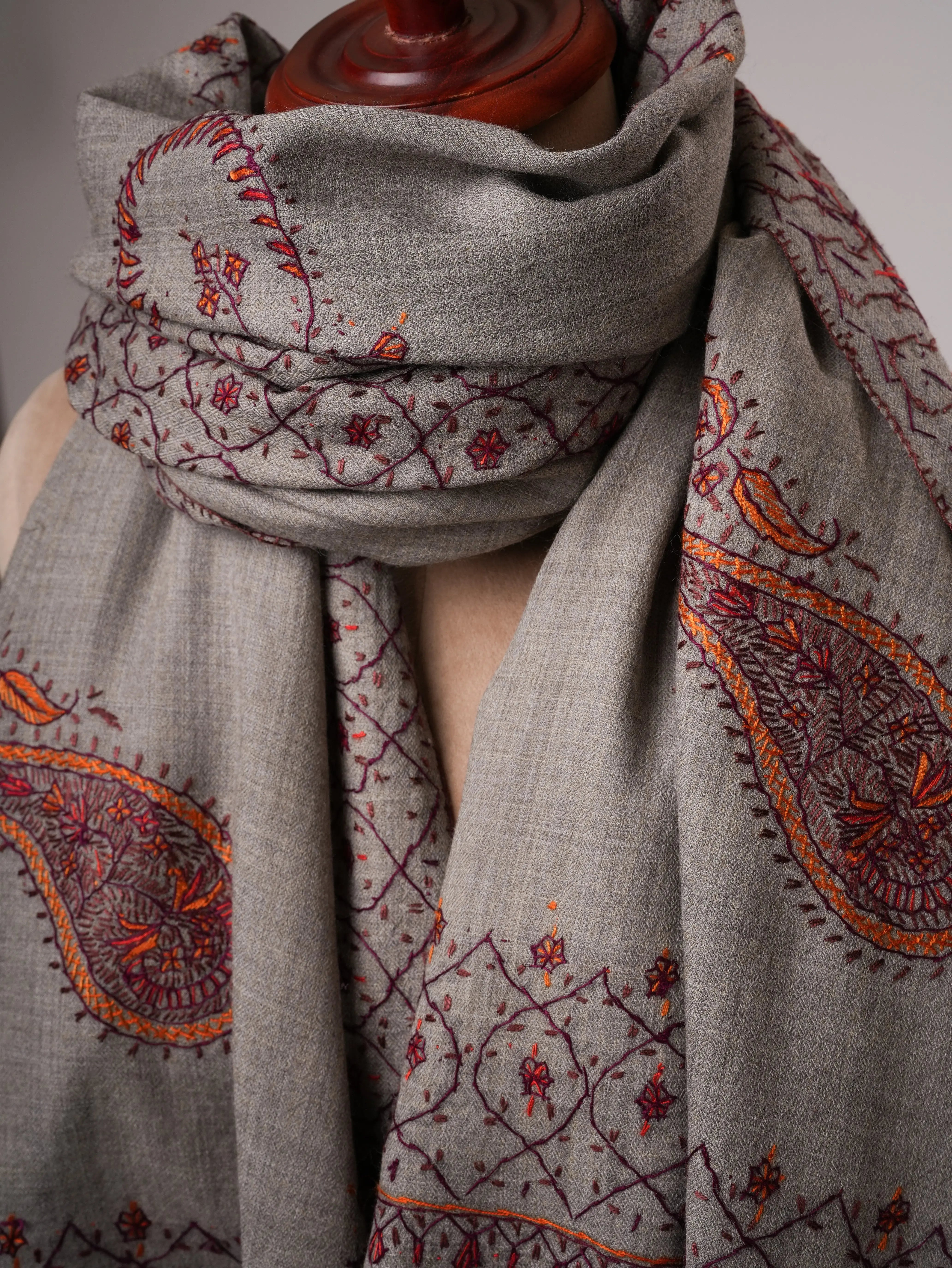 Grey Fine Wool Shawl with Delicate Hand Embroidery Shahkaar