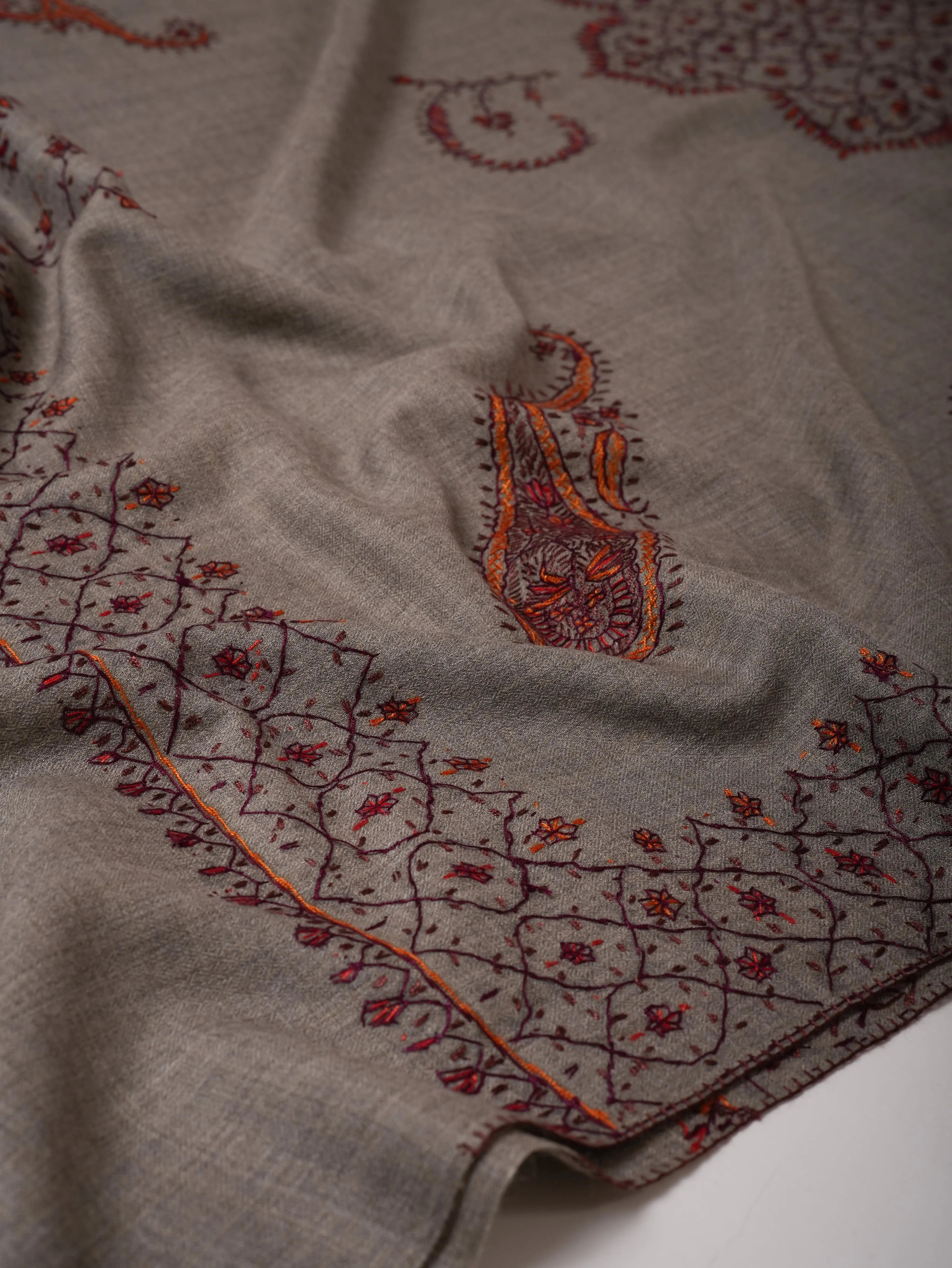 Grey Fine Wool Shawl with Delicate Hand Embroidery Shahkaar