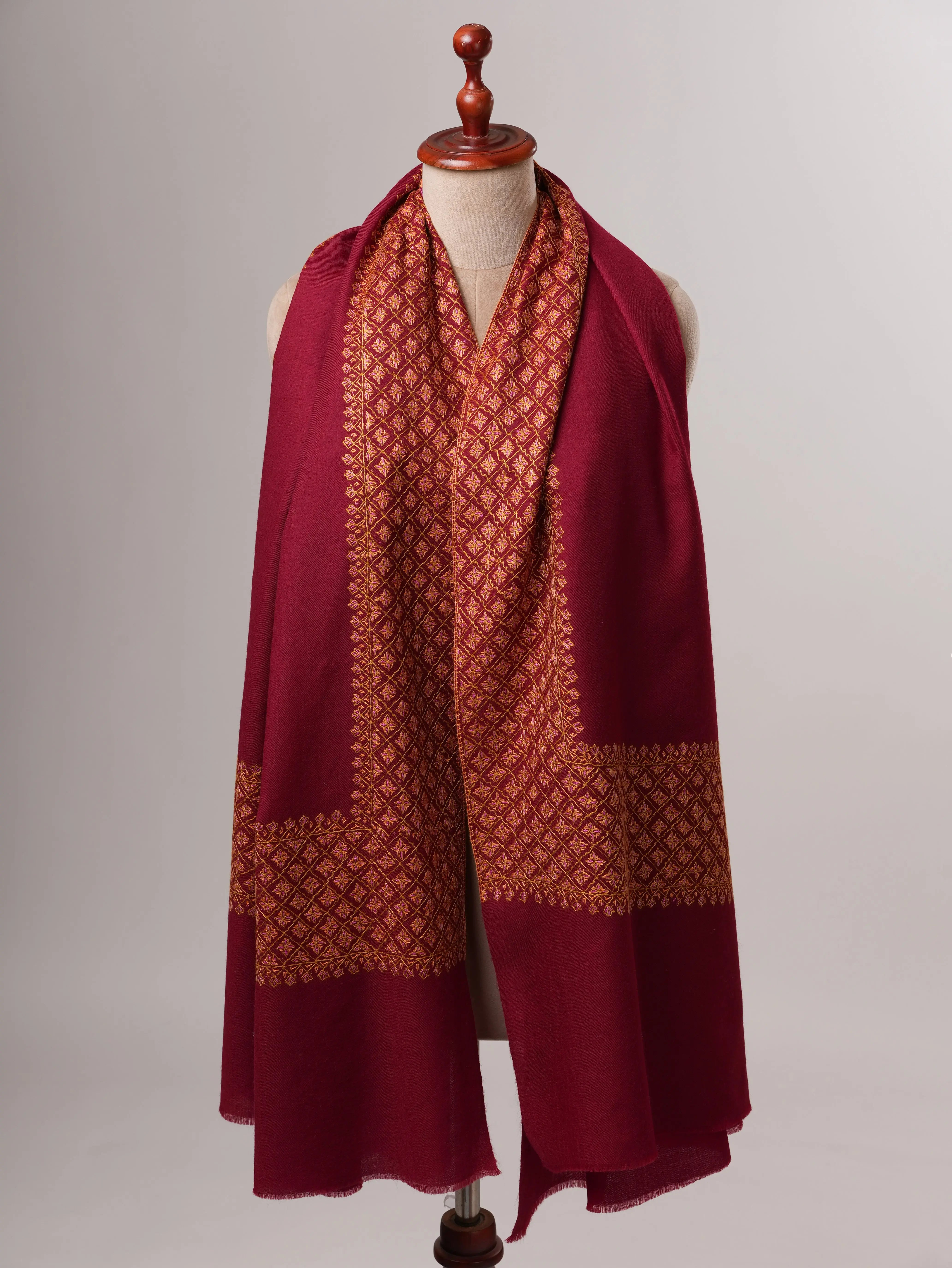 Fine Wool Maroon Shawl with Hand Embroidered Daur Motifs Shahkaar