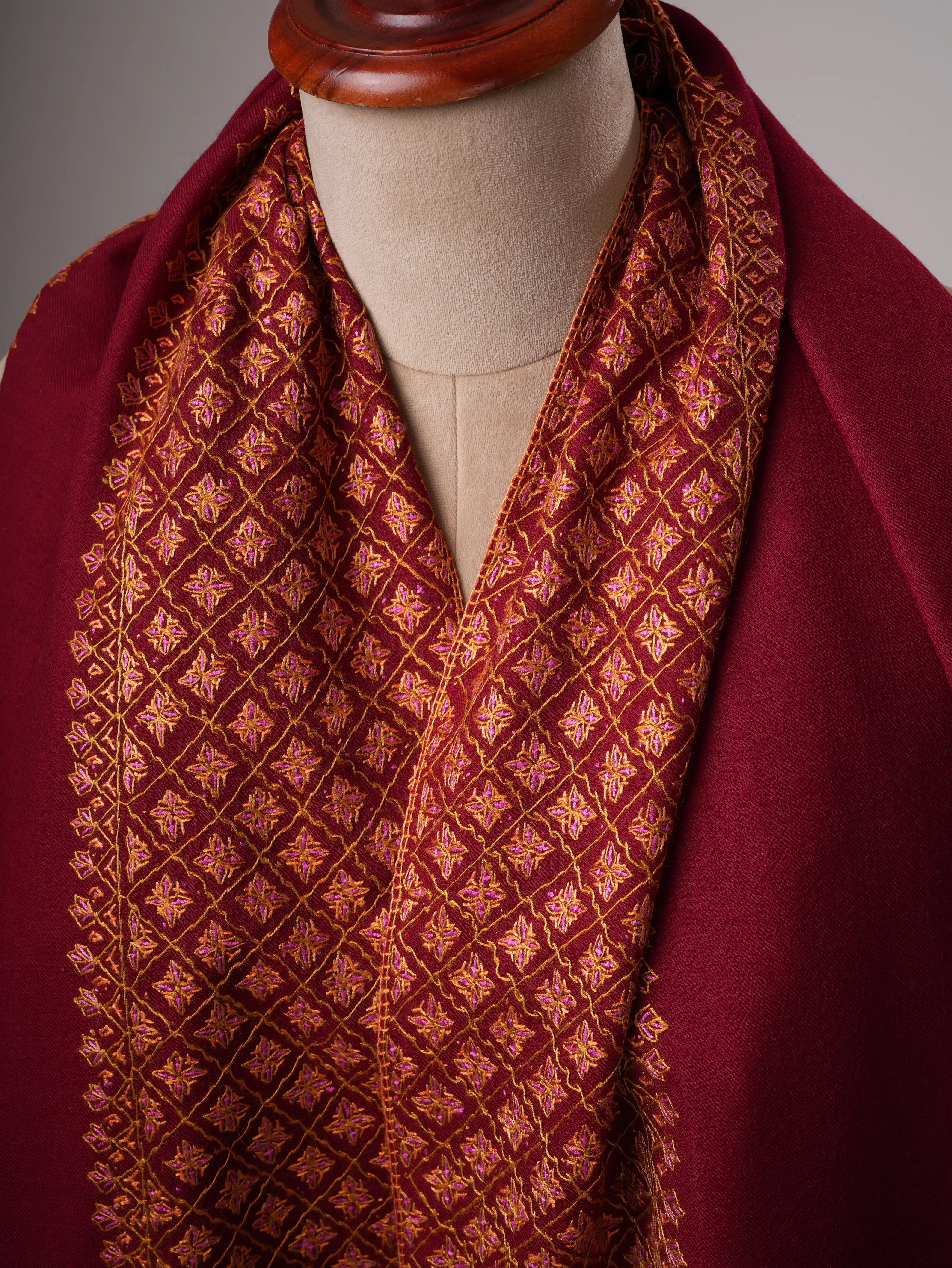 Fine Wool Maroon Shawl with Hand Embroidered Daur Motifs Shahkaar