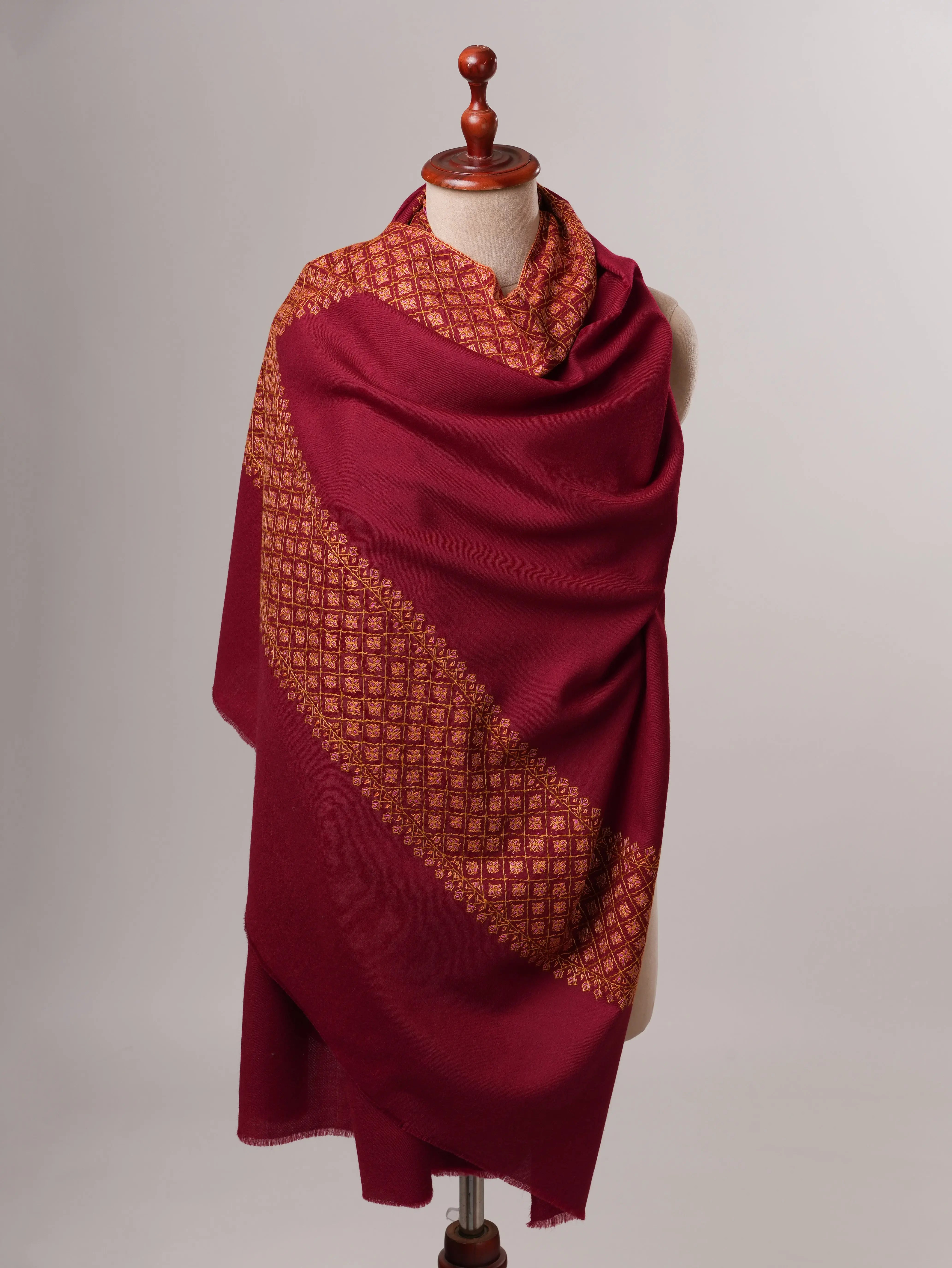 Fine Wool Maroon Shawl with Hand Embroidered Daur Motifs Shahkaar