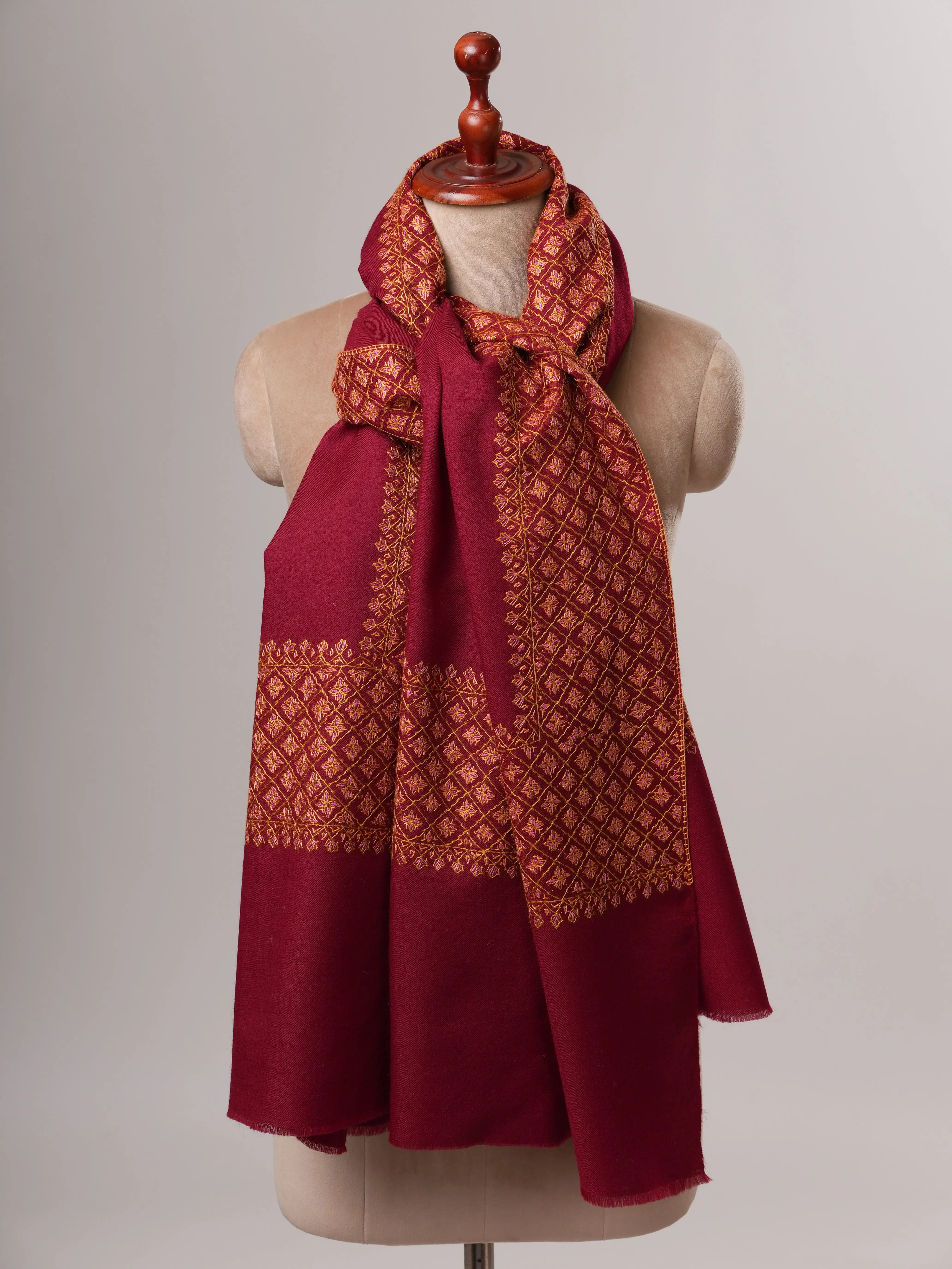Fine Wool Maroon Shawl with Hand Embroidered Daur Motifs Shahkaar