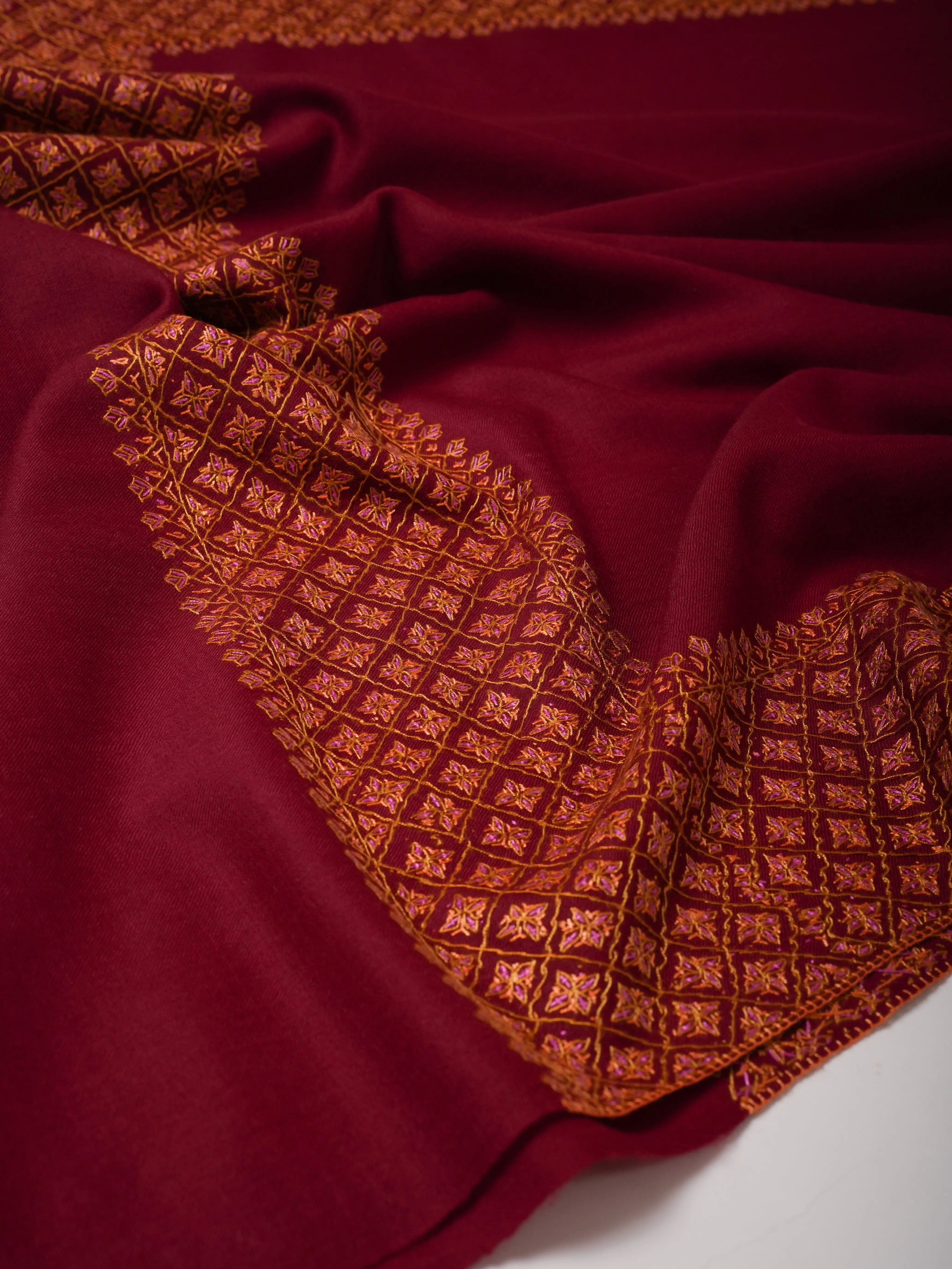 Fine Wool Maroon Shawl with Hand Embroidered Daur Motifs Shahkaar