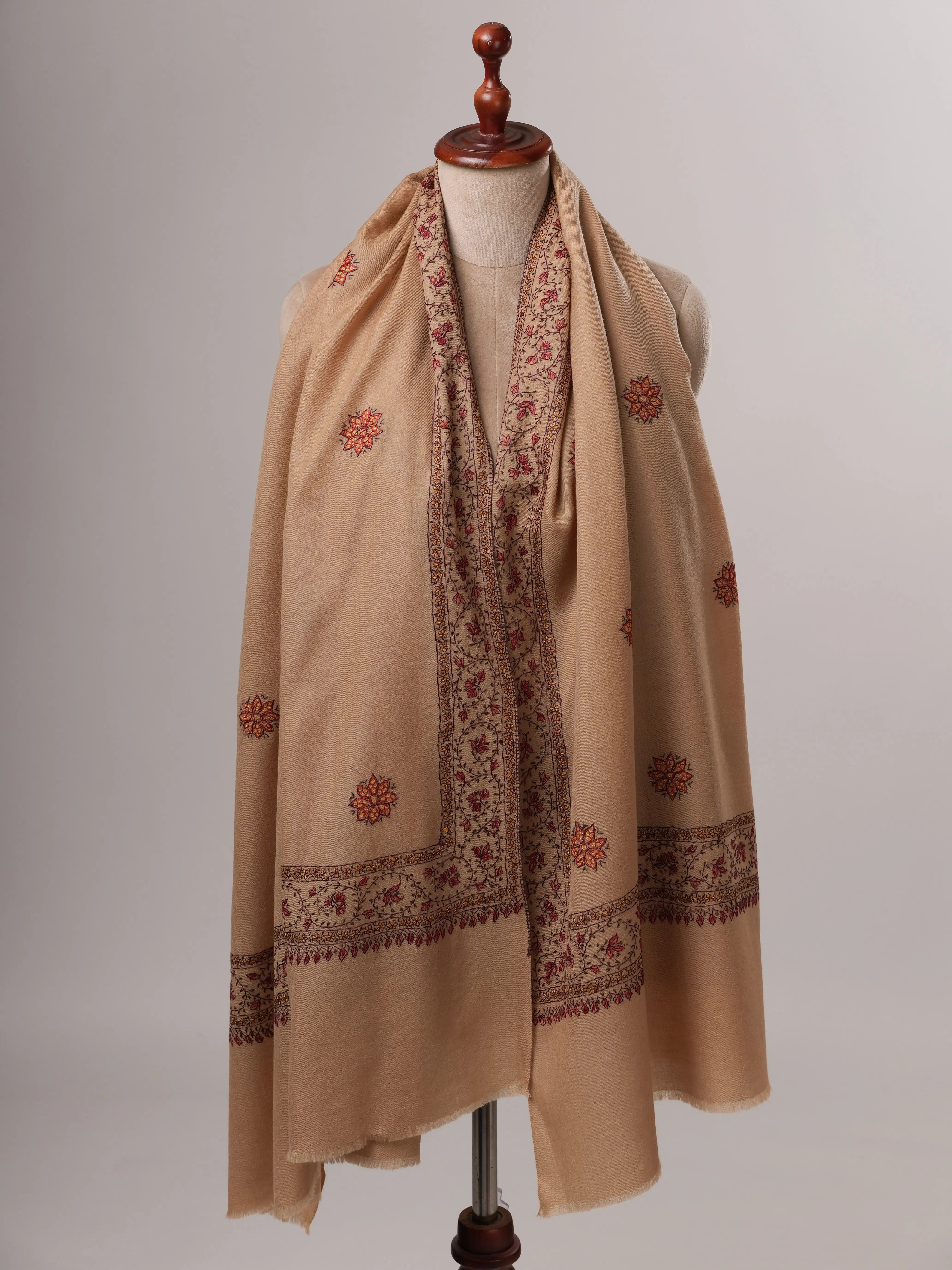 Fine Wool Beige Shawl with Hand-Embroidered Buteh Daur Motifs Shahkaar