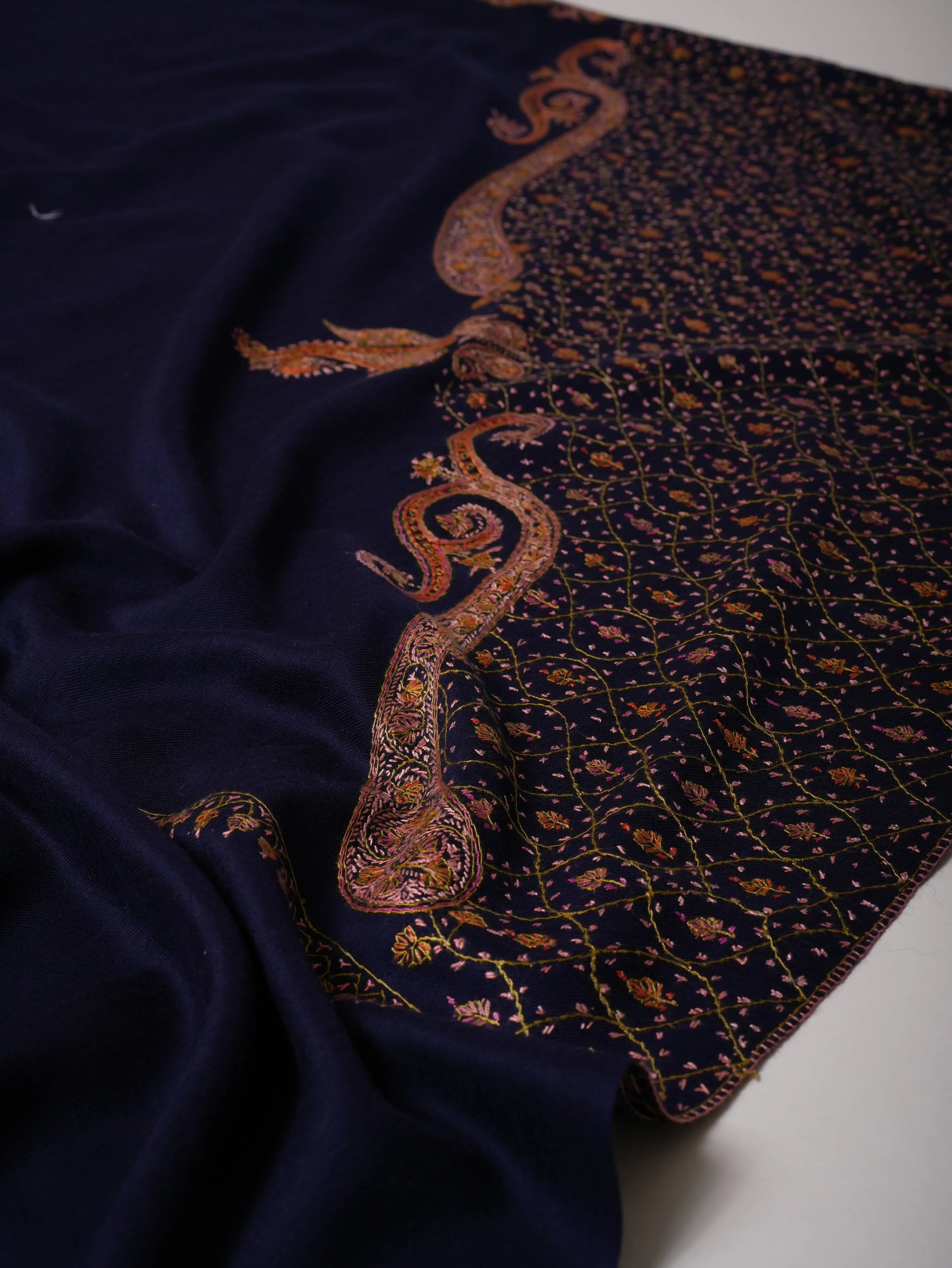 Fine Wool Soft Shawl in Dark Blue with Hand Embroidery Shahkaar