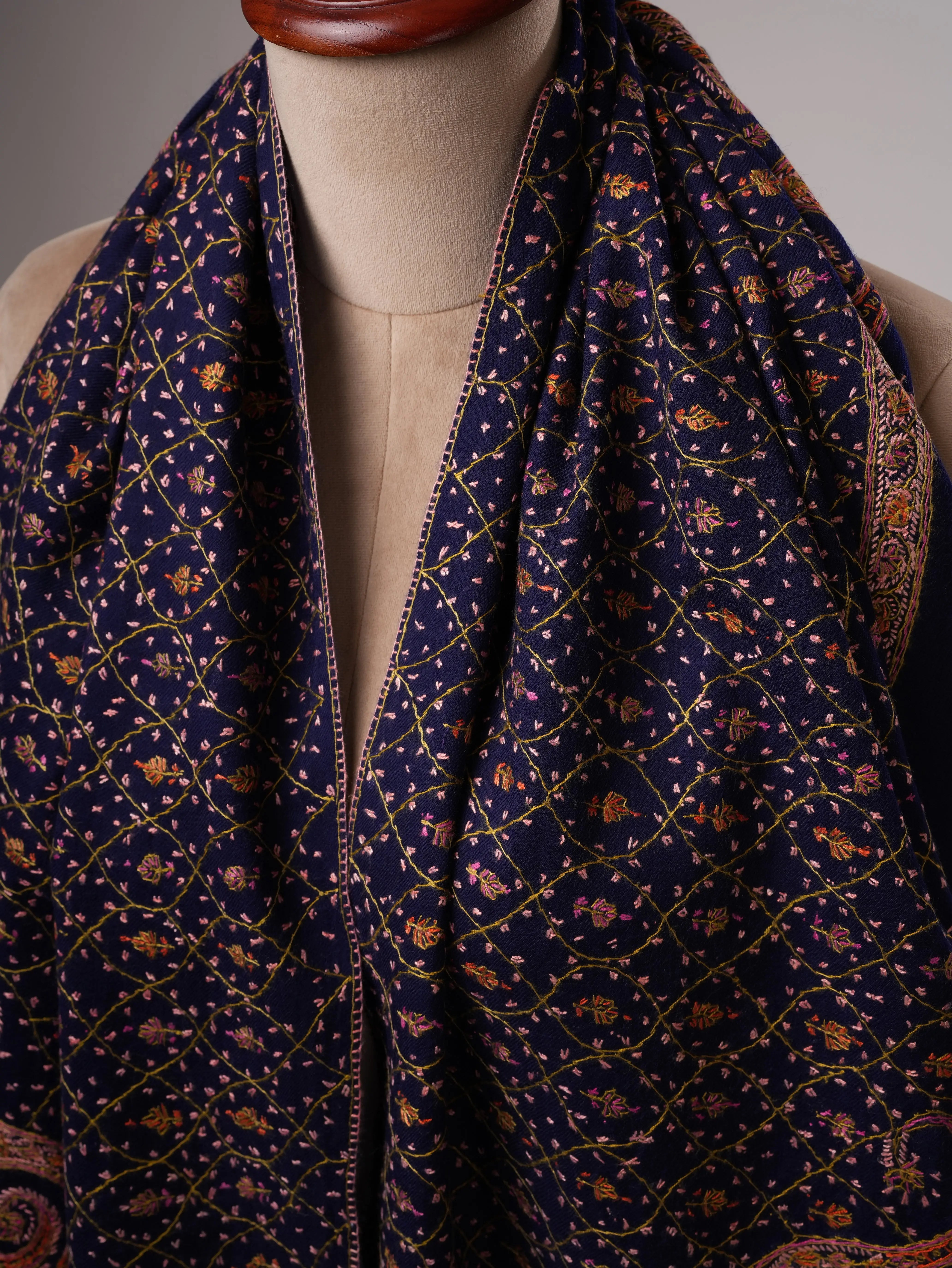 Fine Wool Soft Shawl in Dark Blue with Hand Embroidery Shahkaar