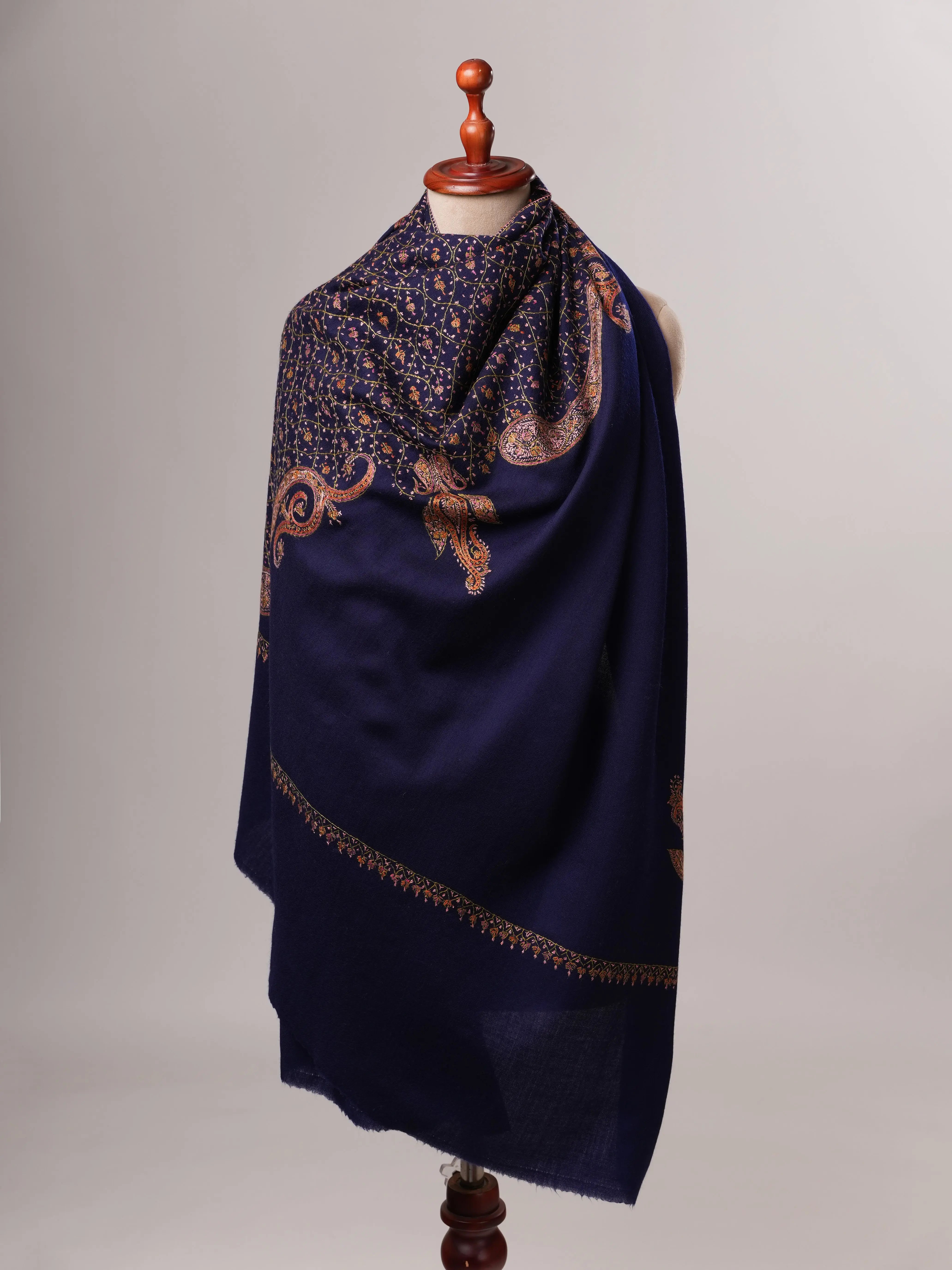 Fine Wool Soft Shawl in Dark Blue with Hand Embroidery Shahkaar
