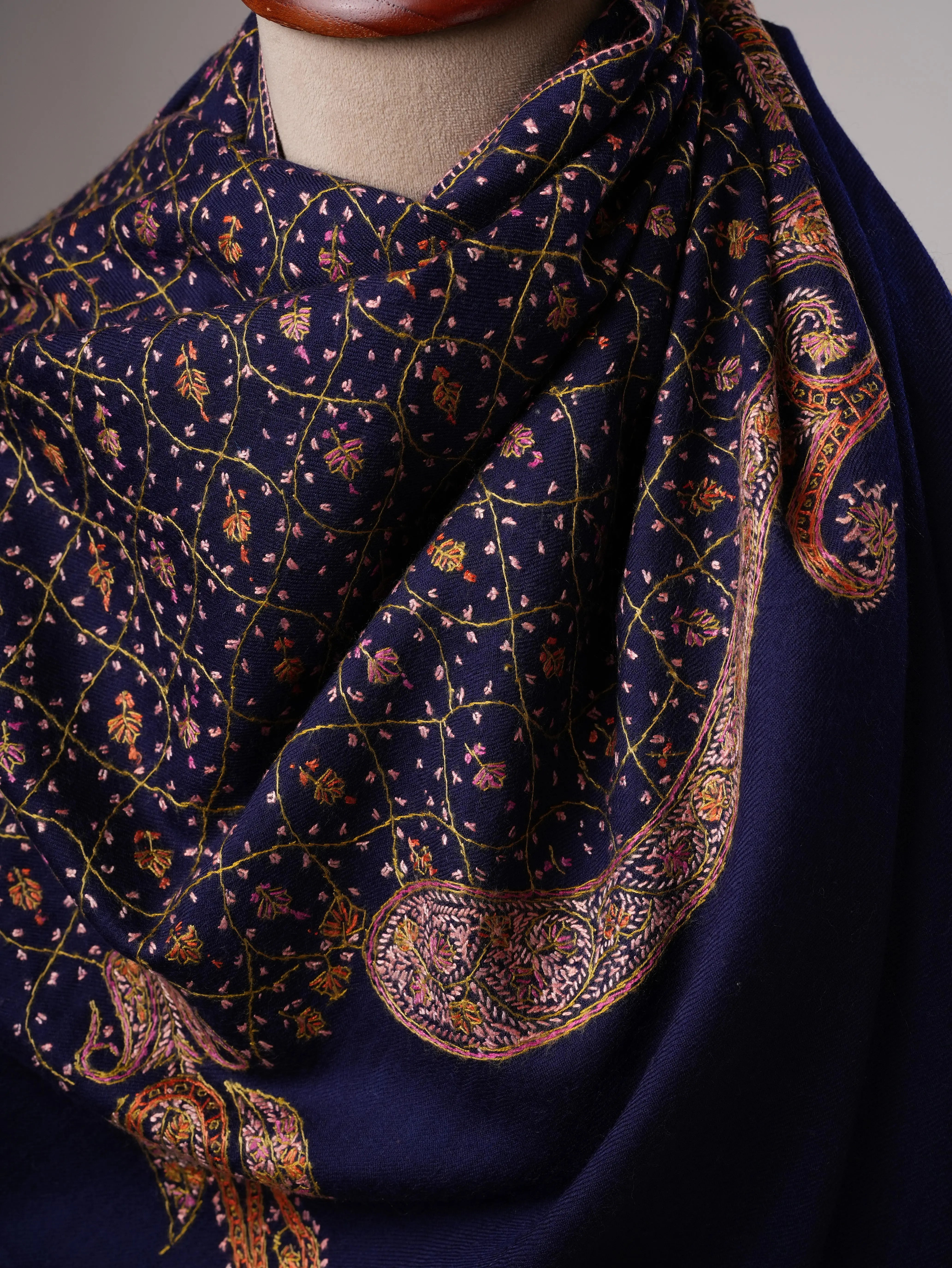 Fine Wool Soft Shawl in Dark Blue with Hand Embroidery Shahkaar
