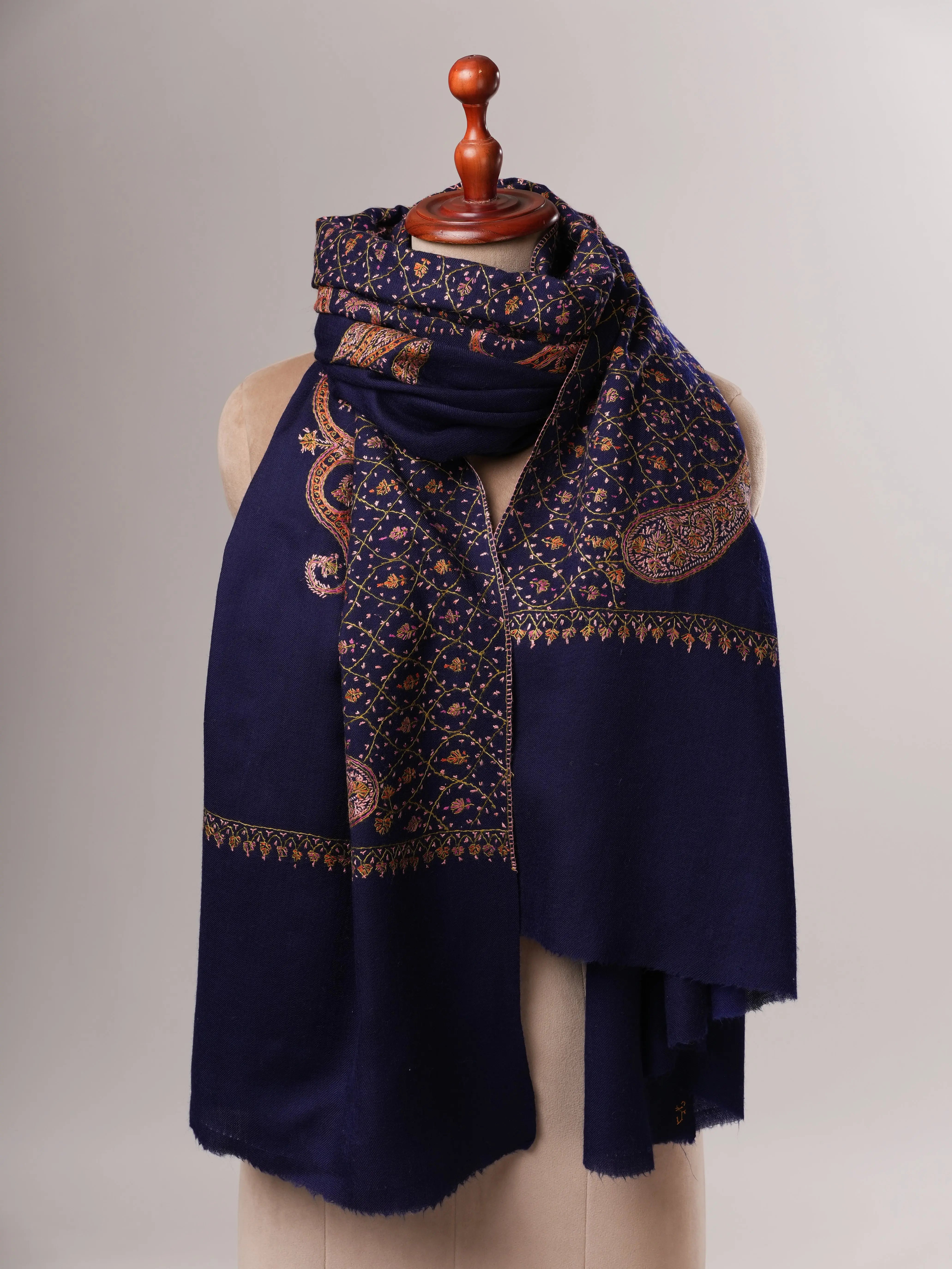 Fine Wool Soft Shawl in Dark Blue with Hand Embroidery Shahkaar