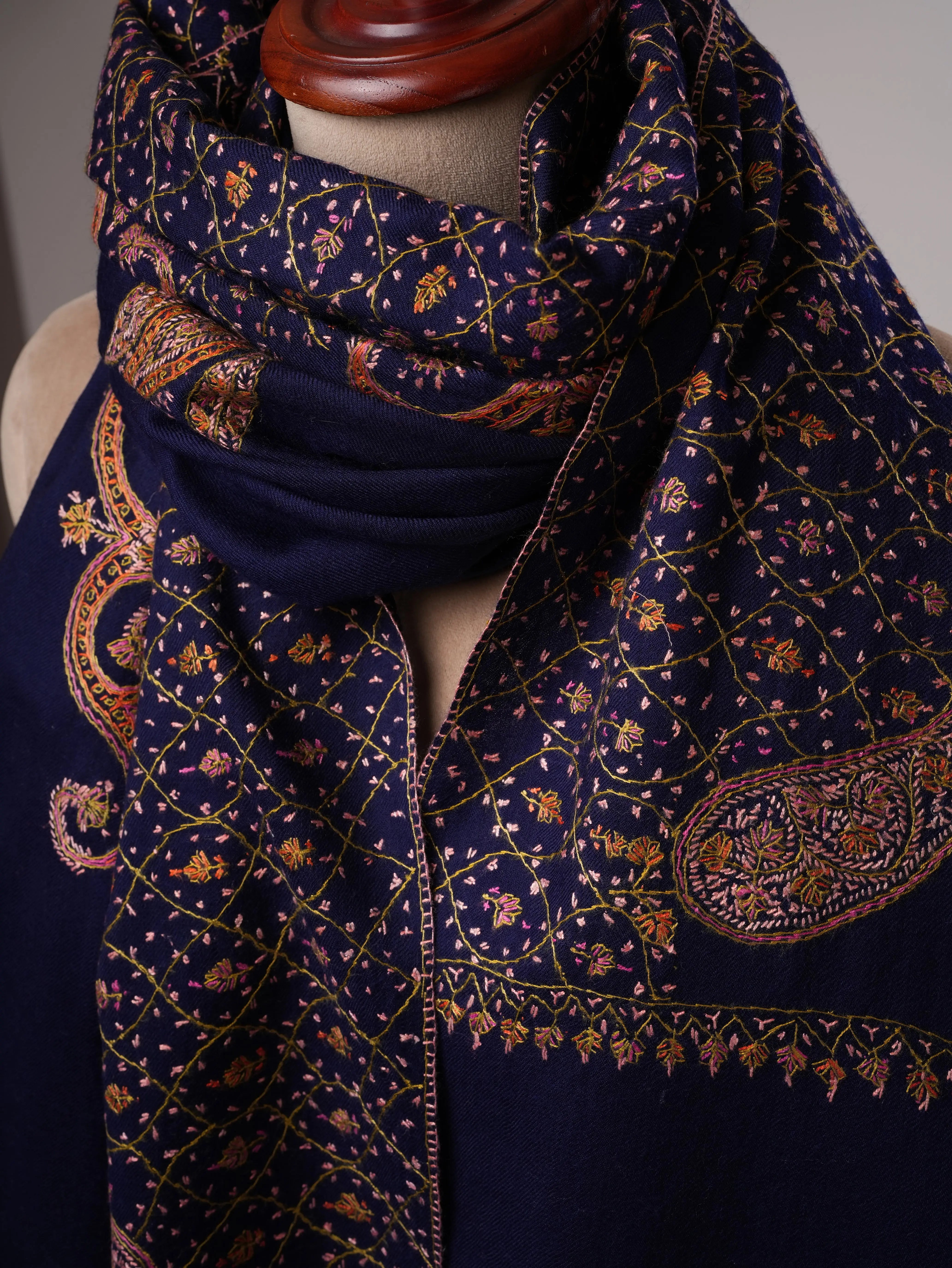 Fine Wool Soft Shawl in Dark Blue with Hand Embroidery Shahkaar