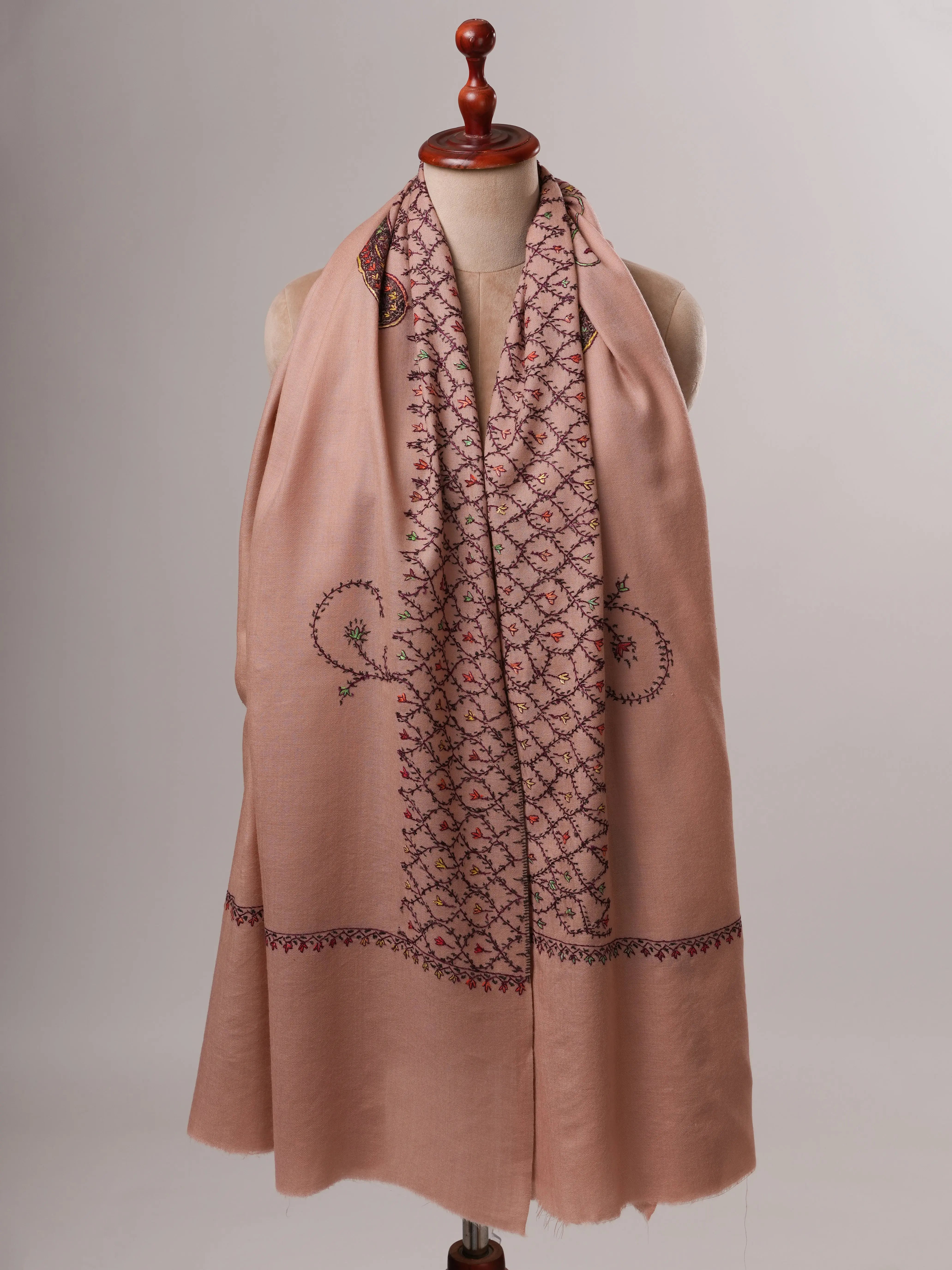 Elegant Light Pink Fine Wool Shawl Featuring Handcrafted Embroidery Shahkaar