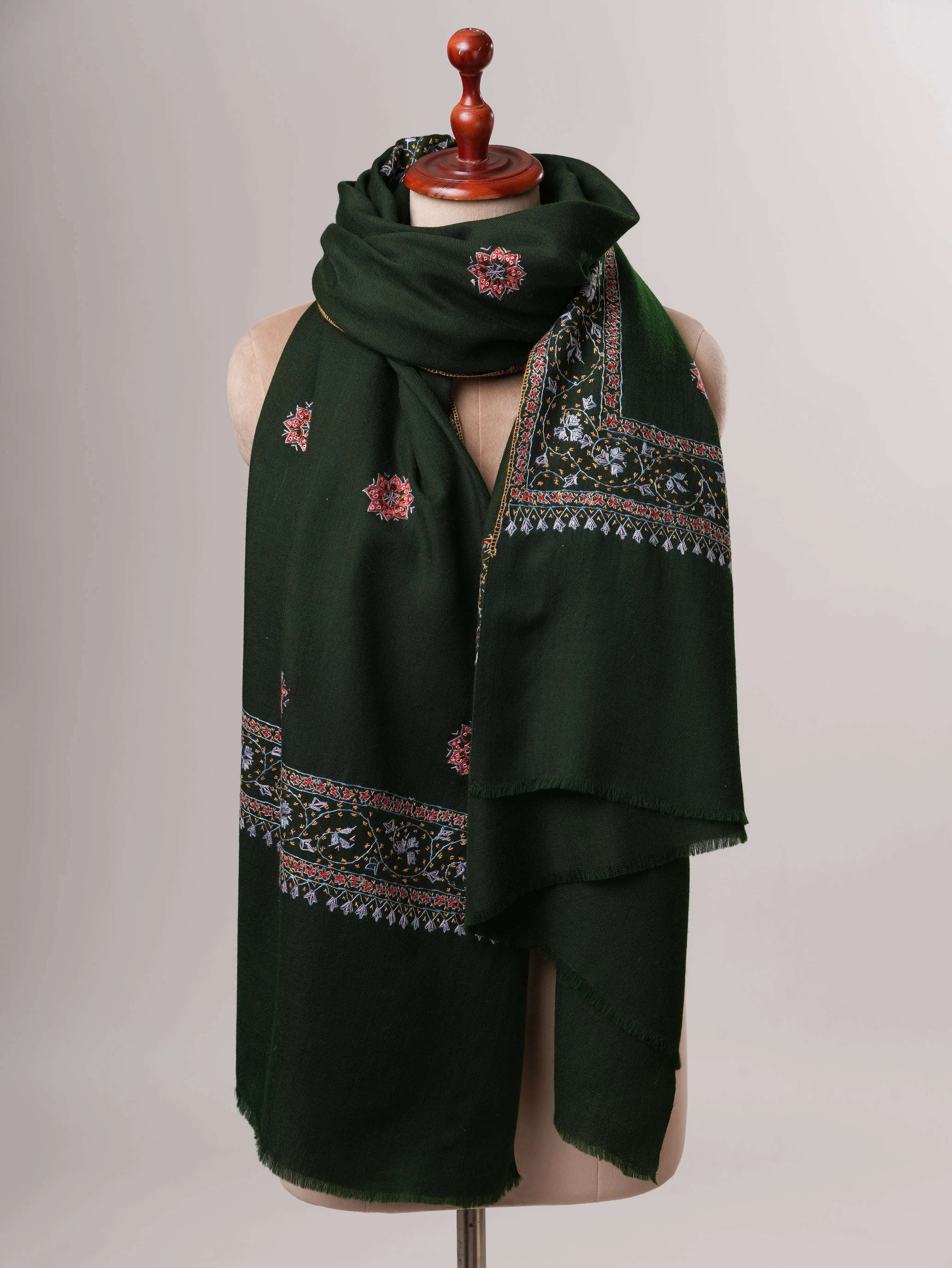 Elegant Dark Green Fine Wool Shawl with Traditional Buteh Daur Handwork Shahkaar